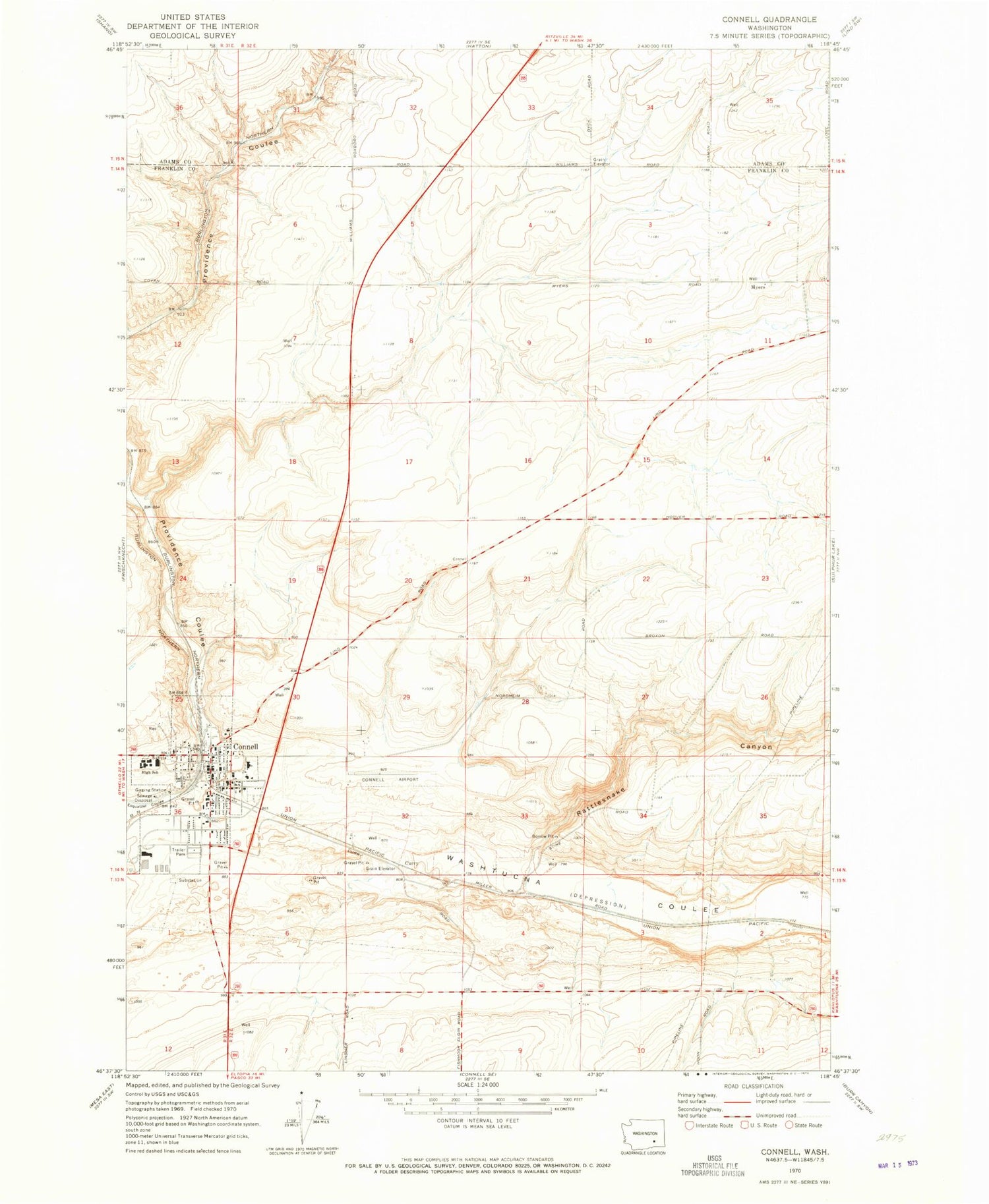Classic USGS Connell Washington 7.5'x7.5' Topo Map Image