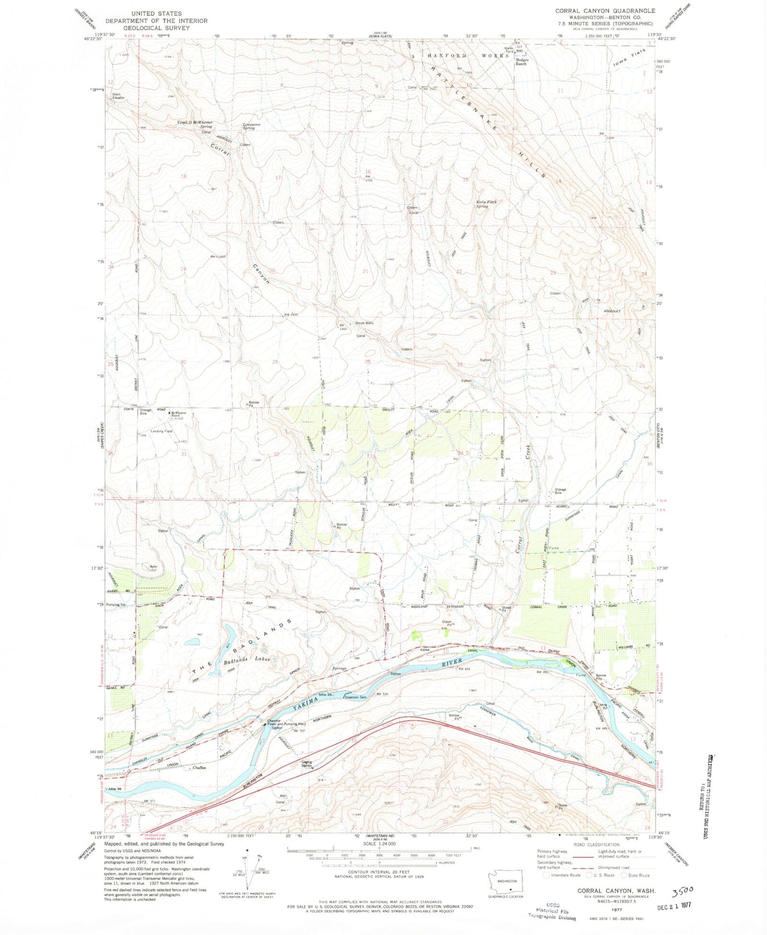 Classic USGS Corral Canyon Washington 7.5'x7.5' Topo Map Image