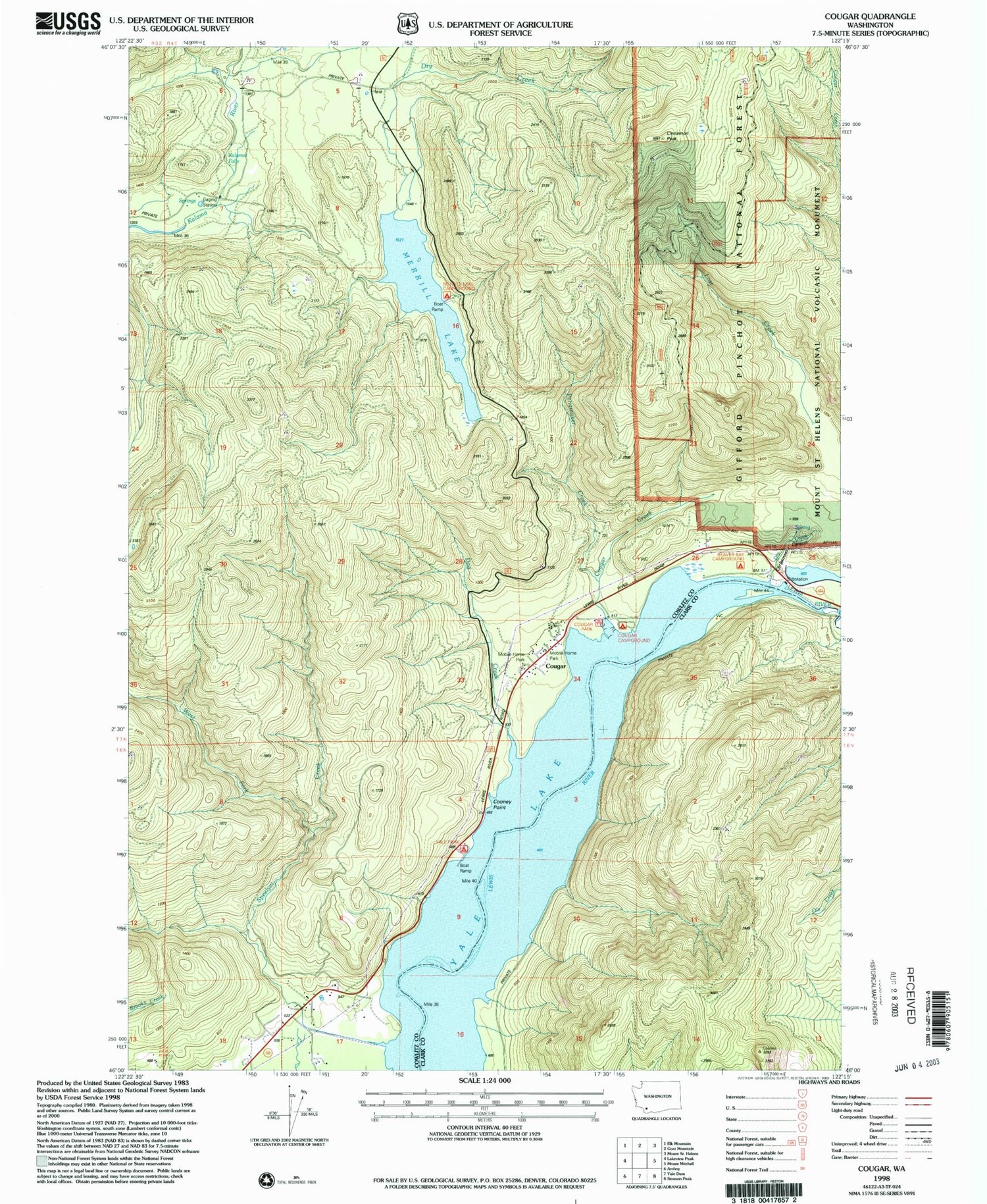 Classic USGS Cougar Washington 7.5'x7.5' Topo Map Image