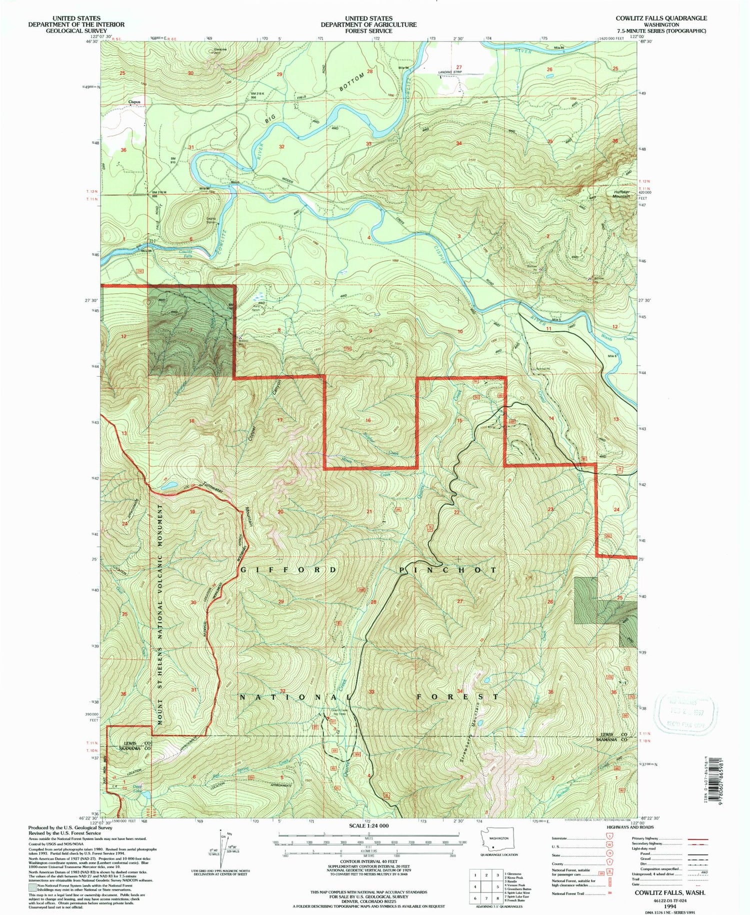 Classic USGS Cowlitz Falls Washington 7.5'x7.5' Topo Map Image