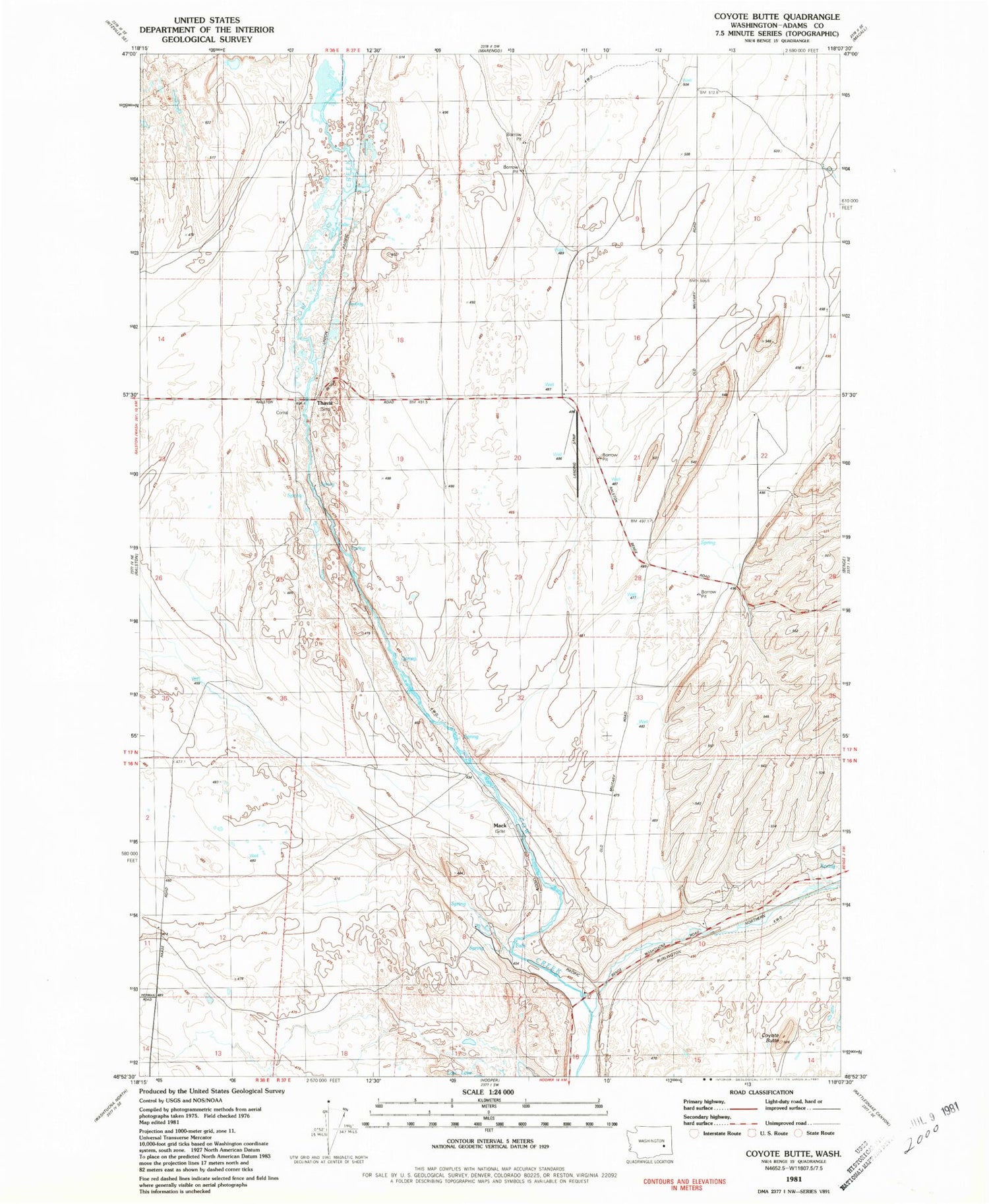 Classic USGS Coyote Butte Washington 7.5'x7.5' Topo Map Image