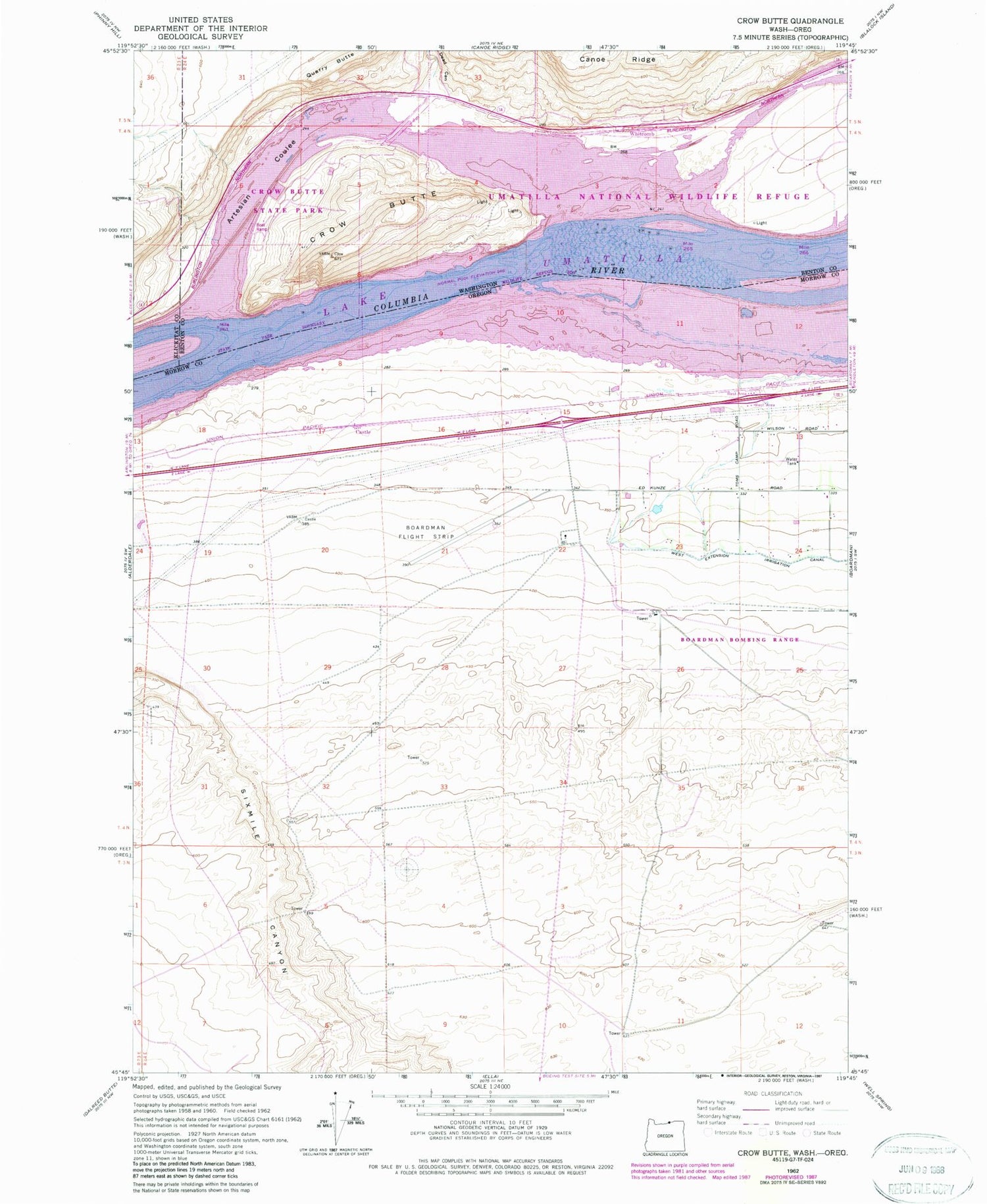 Classic USGS Crow Butte Washington 7.5'x7.5' Topo Map Image