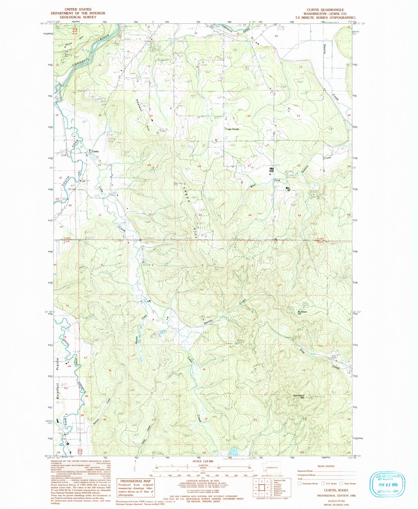 Classic USGS Curtis Washington 7.5'x7.5' Topo Map Image
