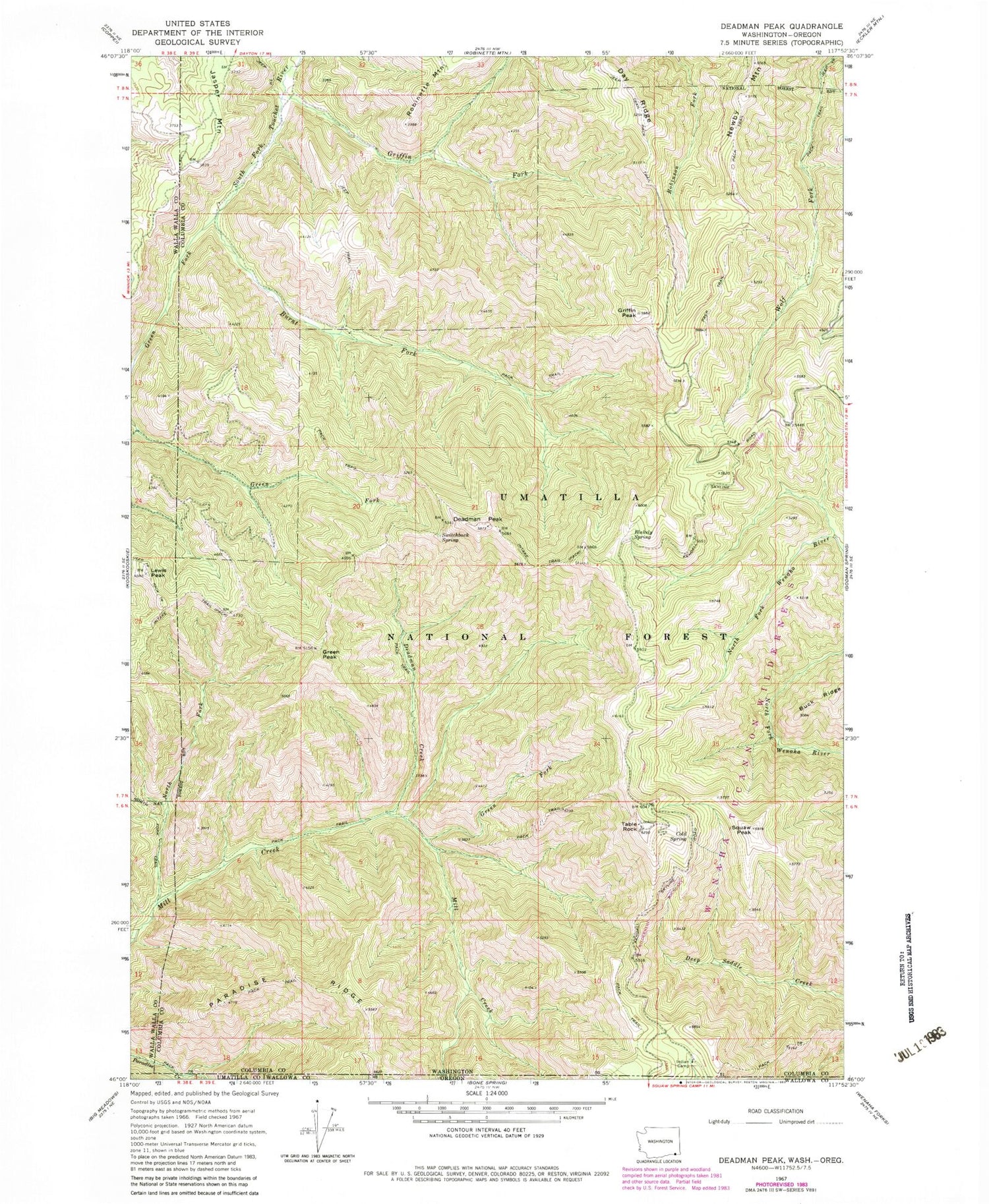 Classic USGS Deadman Peak Washington 7.5'x7.5' Topo Map Image