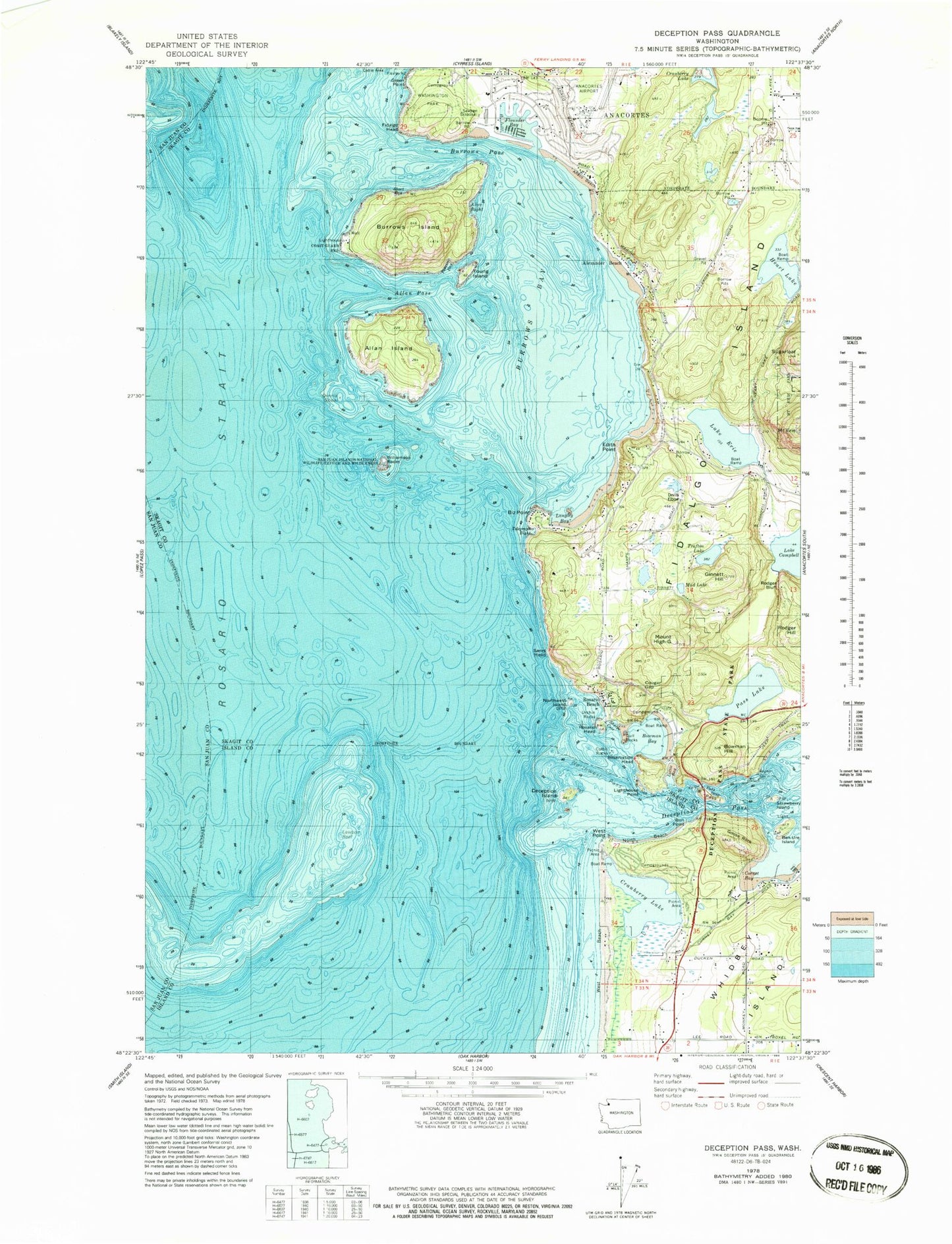 Classic USGS Deception Pass Washington 7.5'x7.5' Topo Map Image