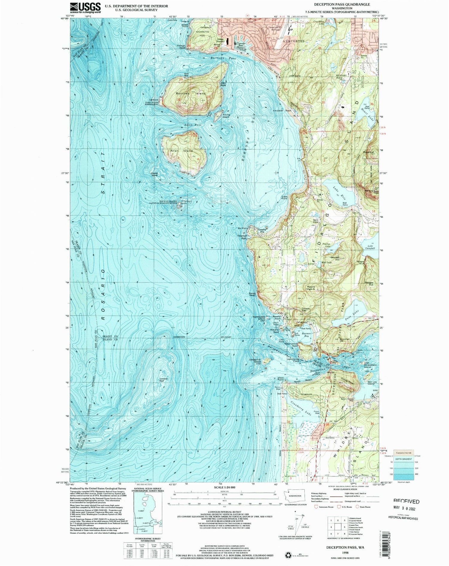 Classic USGS Deception Pass Washington 7.5'x7.5' Topo Map Image
