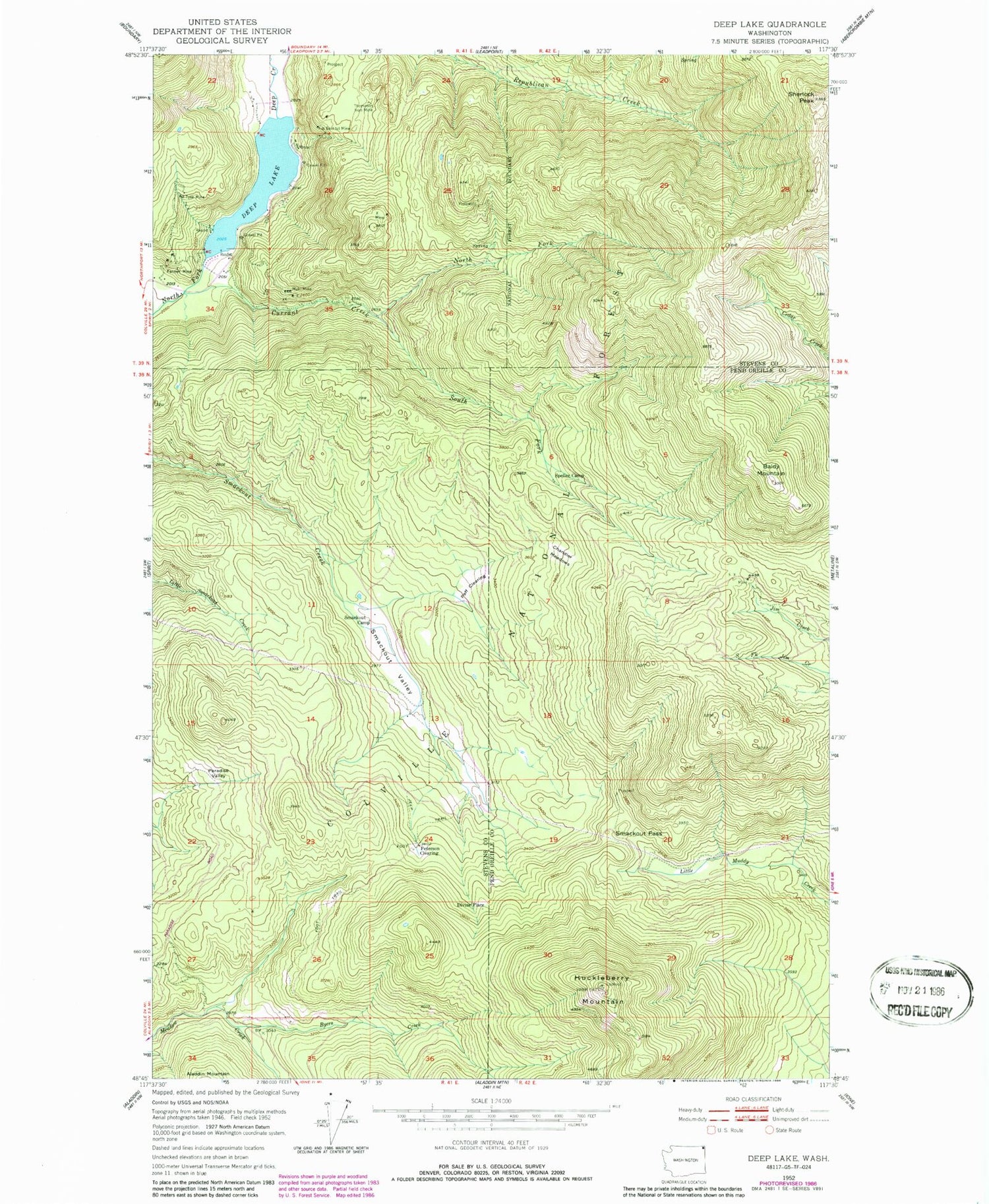 Classic USGS Deep Lake Washington 7.5'x7.5' Topo Map Image