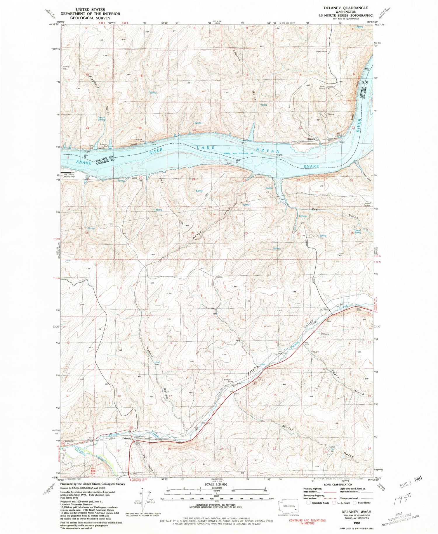 Classic USGS Delaney Washington 7.5'x7.5' Topo Map Image