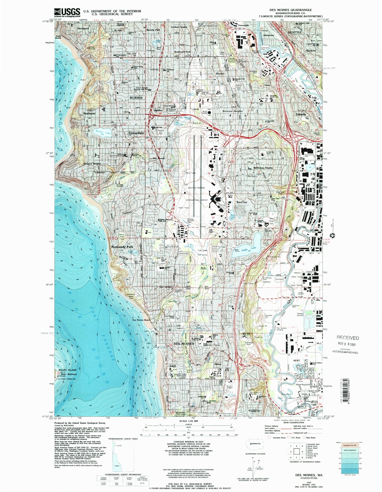 Classic USGS Des Moines Washington 7.5'x7.5' Topo Map Image
