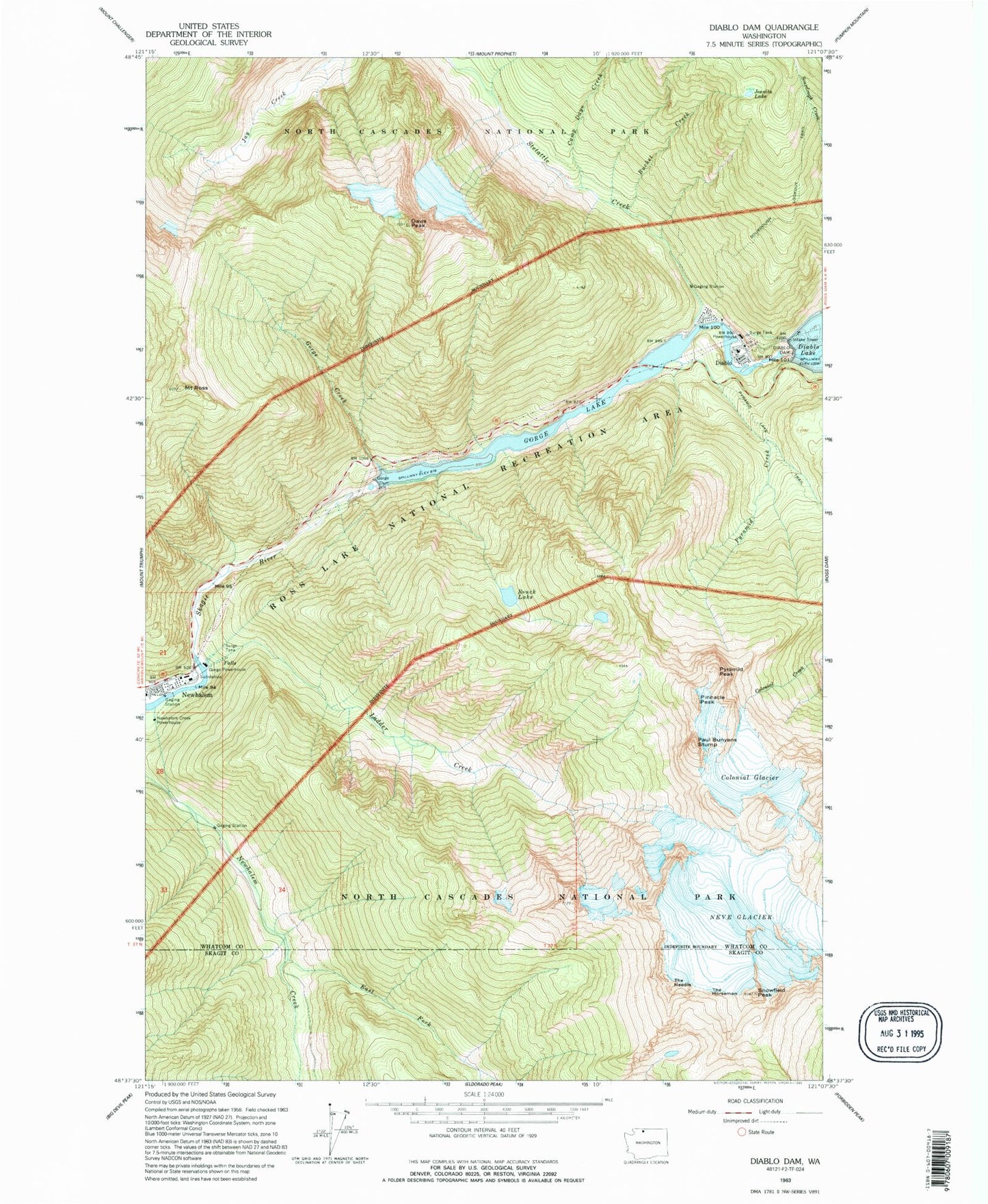 Classic USGS Diablo Dam Washington 7.5'x7.5' Topo Map Image