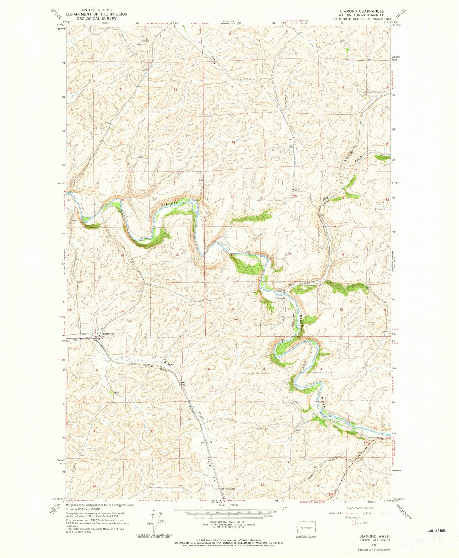 Classic USGS Diamond Washington 7.5'x7.5' Topo Map Image