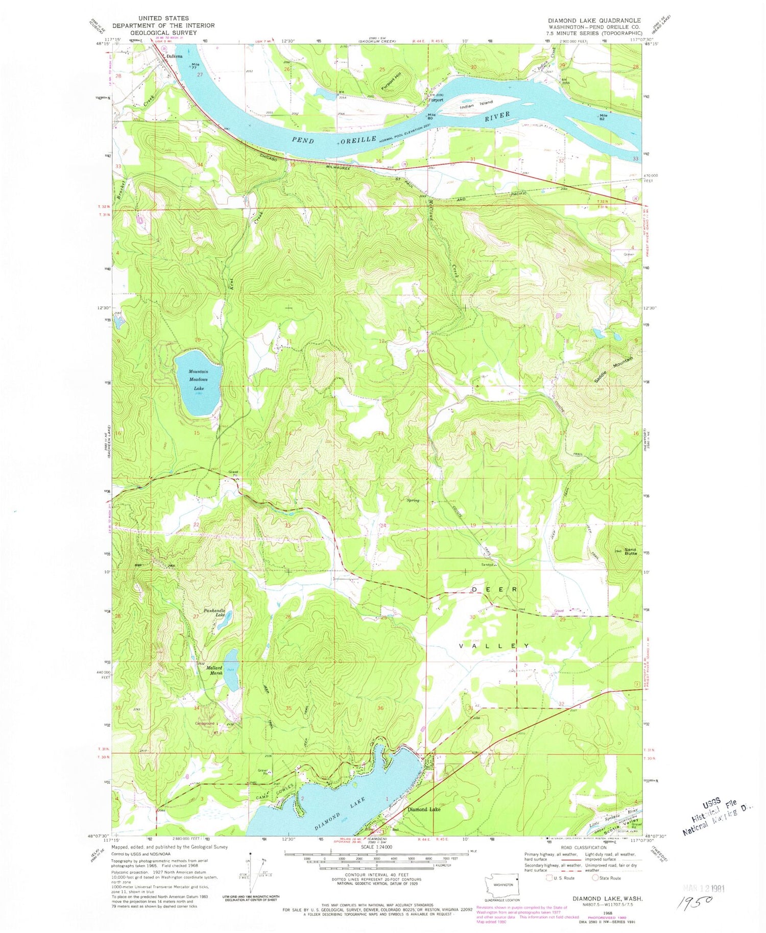 Classic USGS Diamond Lake Washington 7.5'x7.5' Topo Map Image
