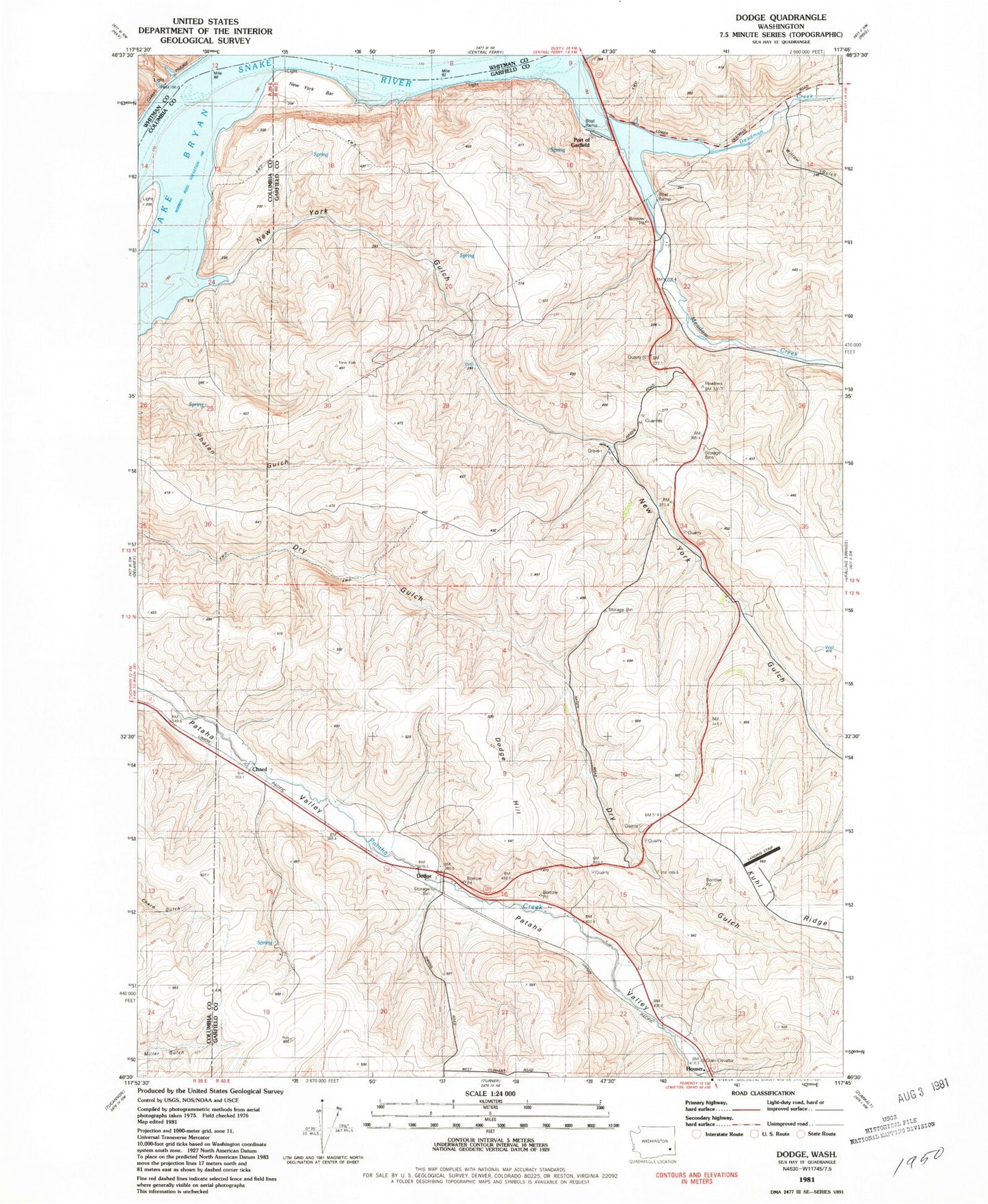 Classic USGS Dodge Washington 7.5'x7.5' Topo Map Image
