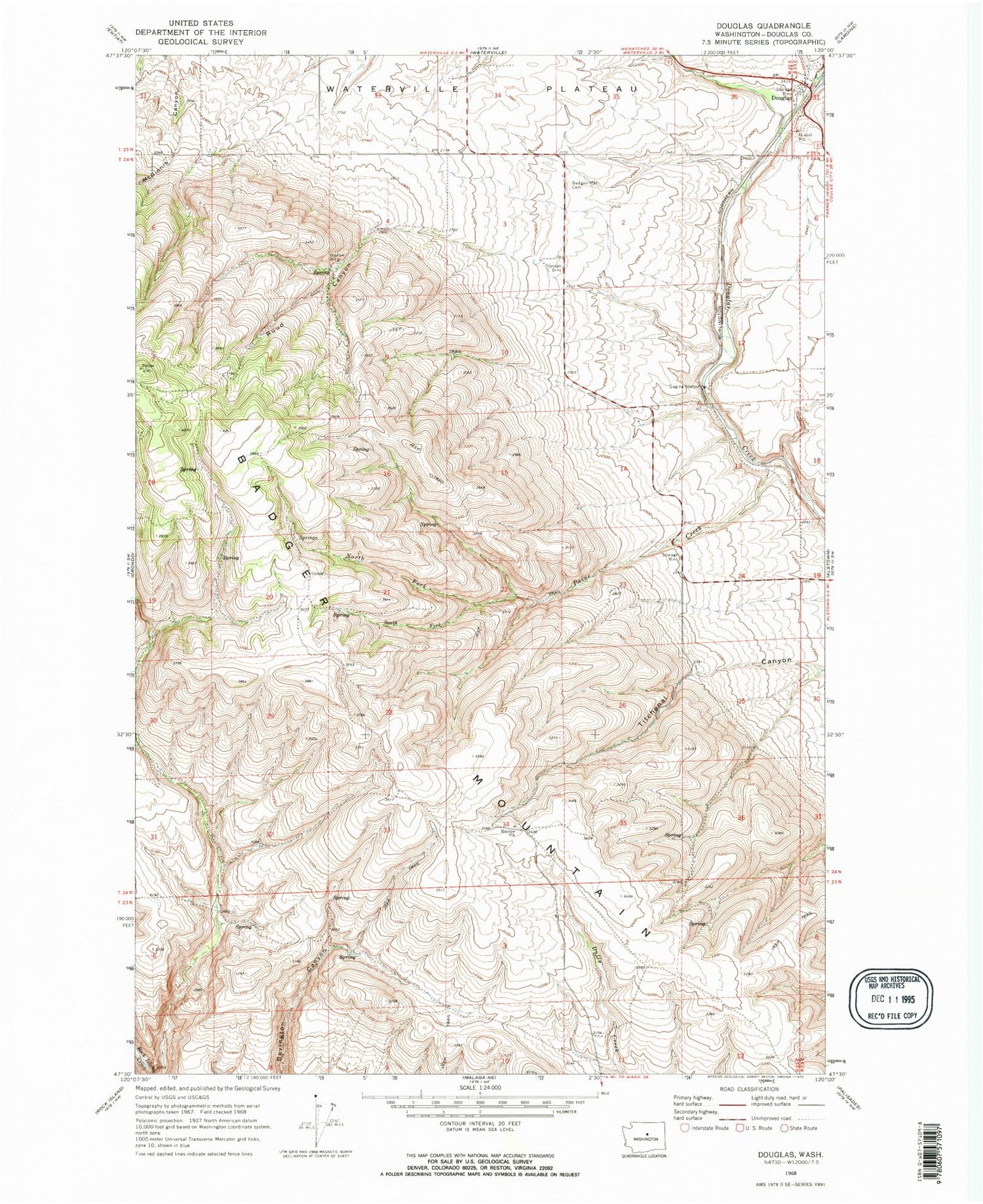 Classic USGS Douglas Washington 7.5'x7.5' Topo Map Image