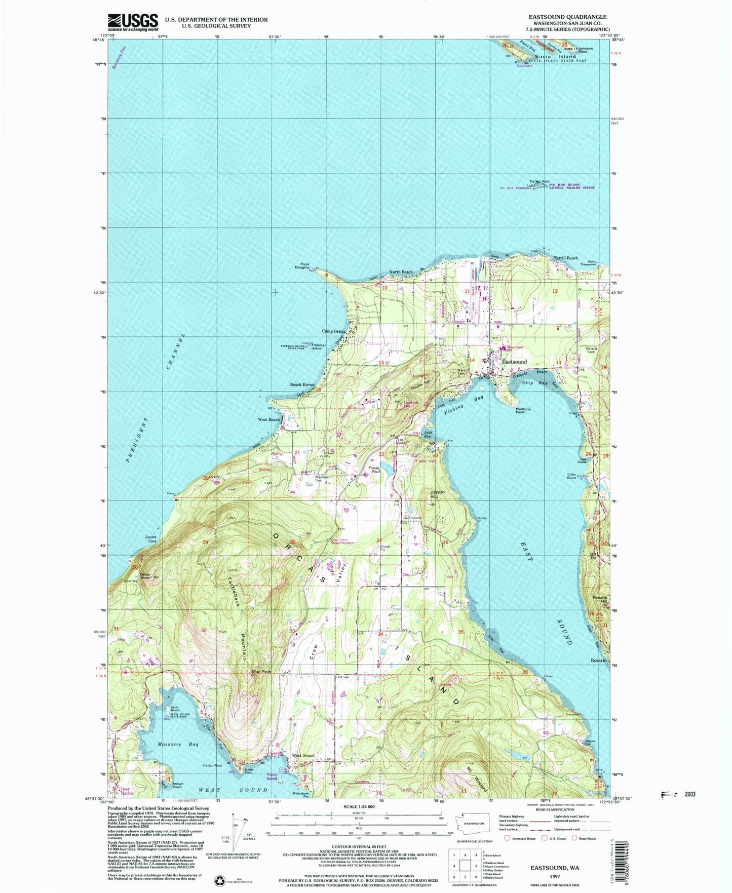 Classic USGS Eastsound Washington 7.5'x7.5' Topo Map Image