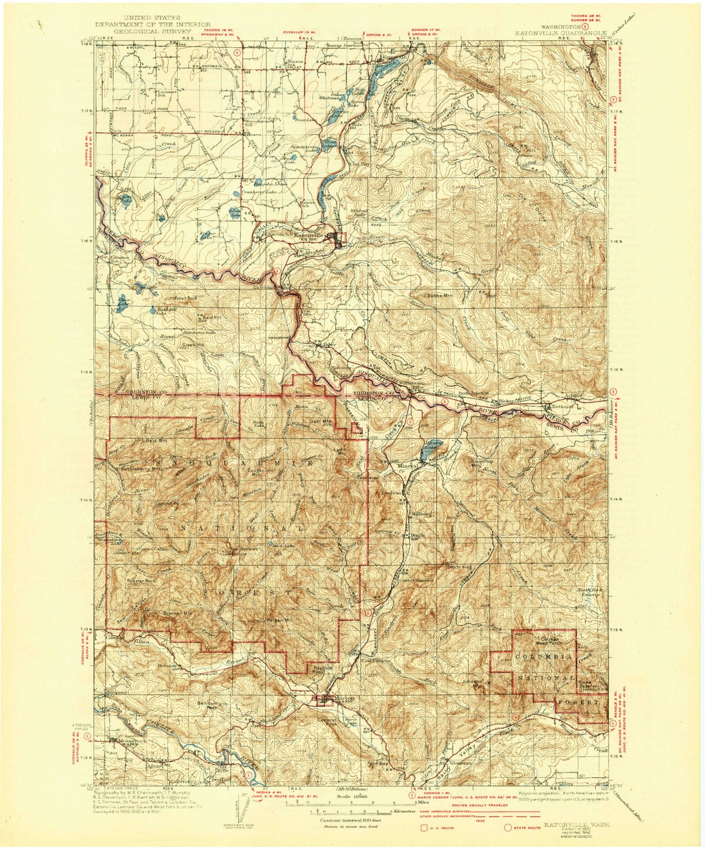 Historic 1937 Eatonville Washington 30'x30' Topo Map Image