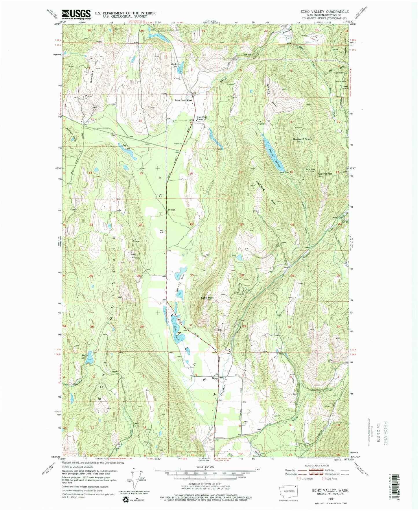Classic USGS Echo Valley Washington 7.5'x7.5' Topo Map Image