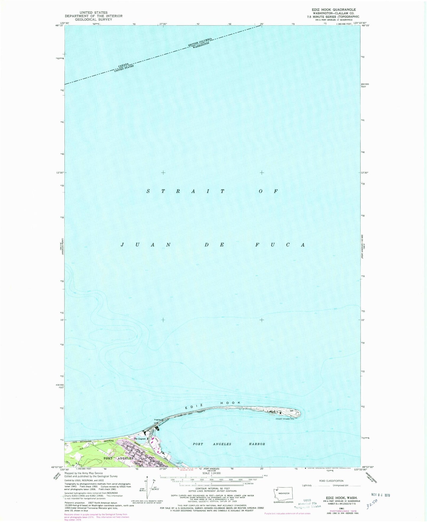 Classic USGS Ediz Hook Washington 7.5'x7.5' Topo Map Image