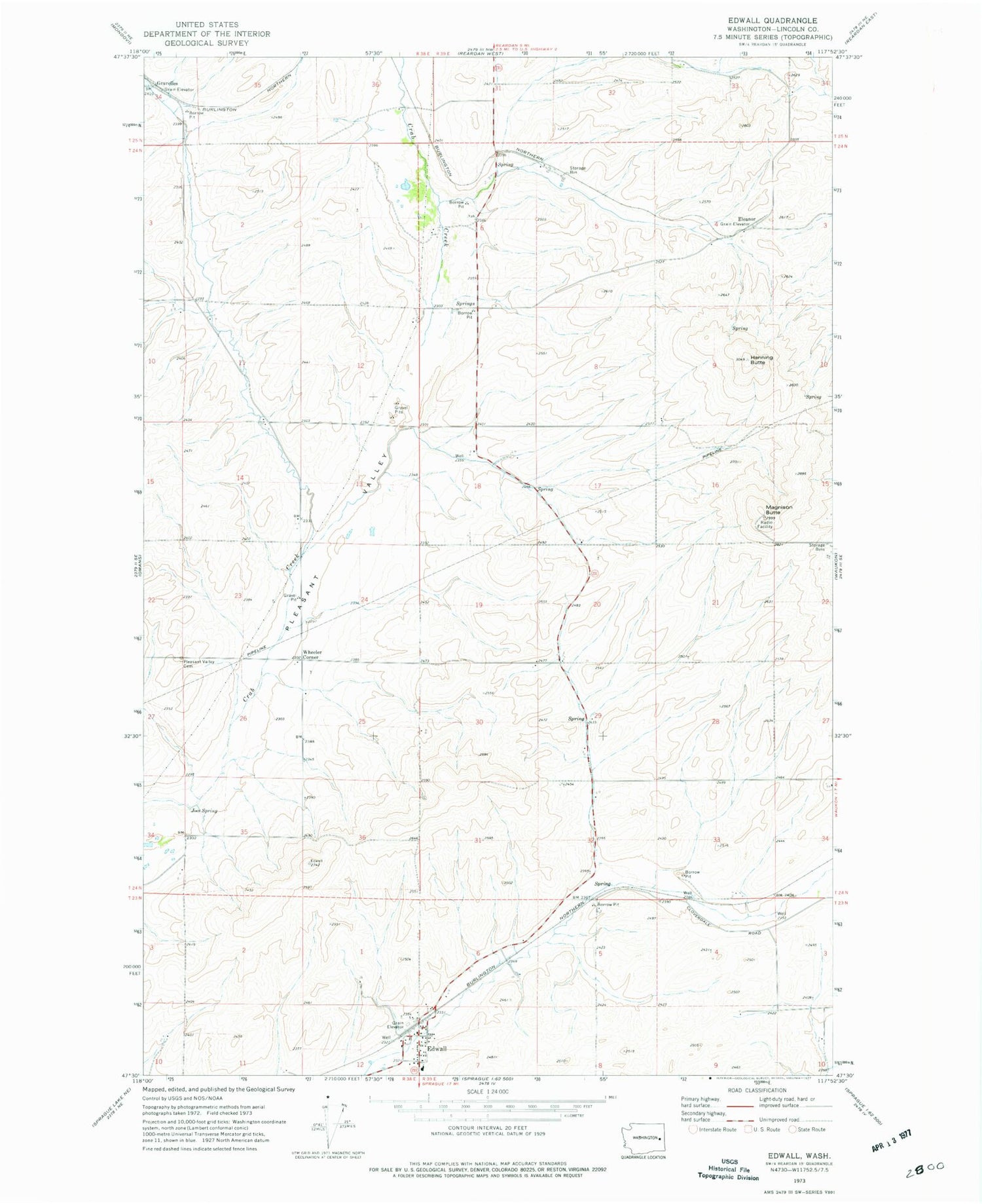 Classic USGS Edwall Washington 7.5'x7.5' Topo Map Image
