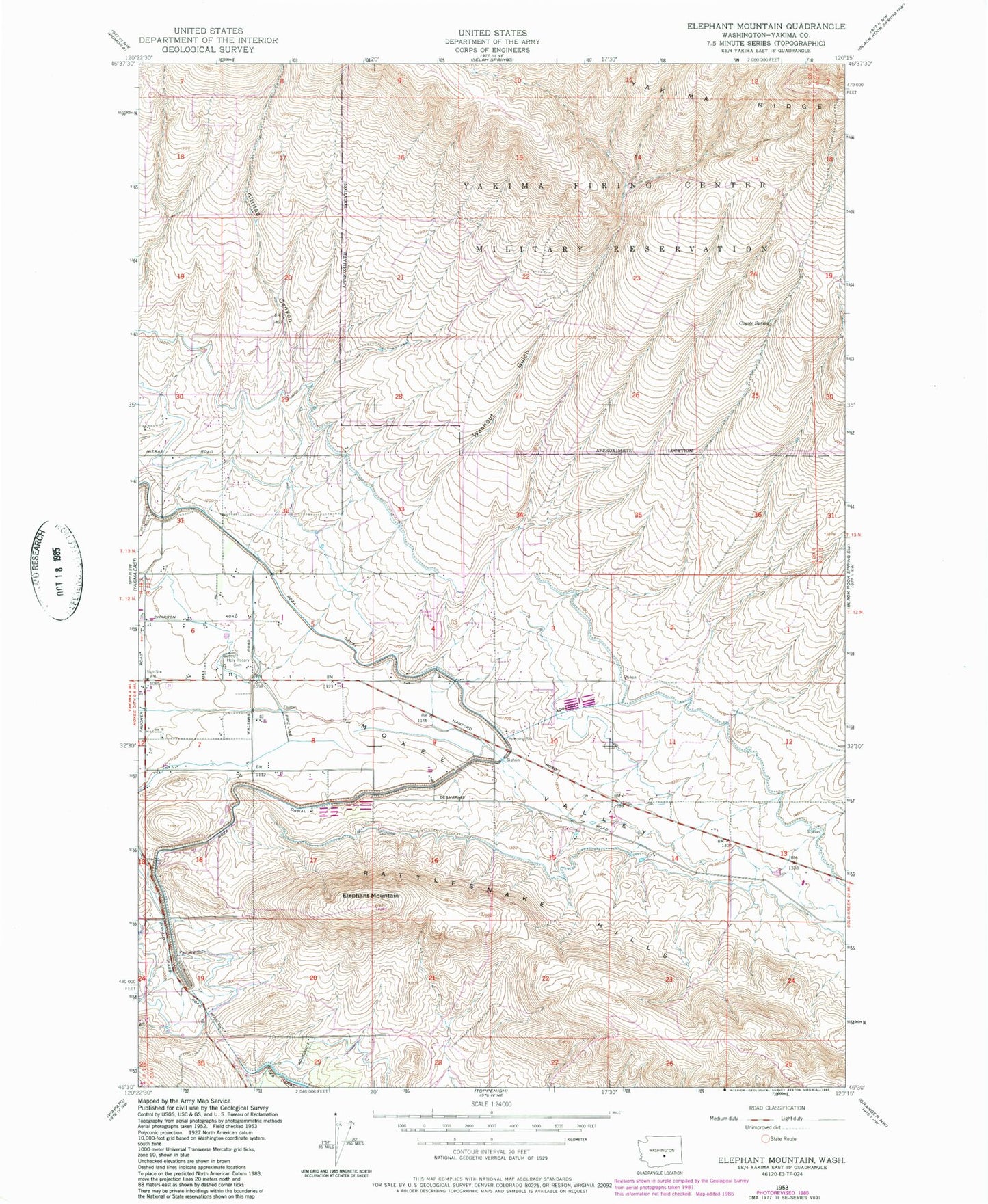 Classic USGS Elephant Mountain Washington 7.5'x7.5' Topo Map Image
