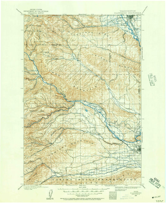 Historic 1899 Ellensburg Washington 30'x30' Topo Map Image