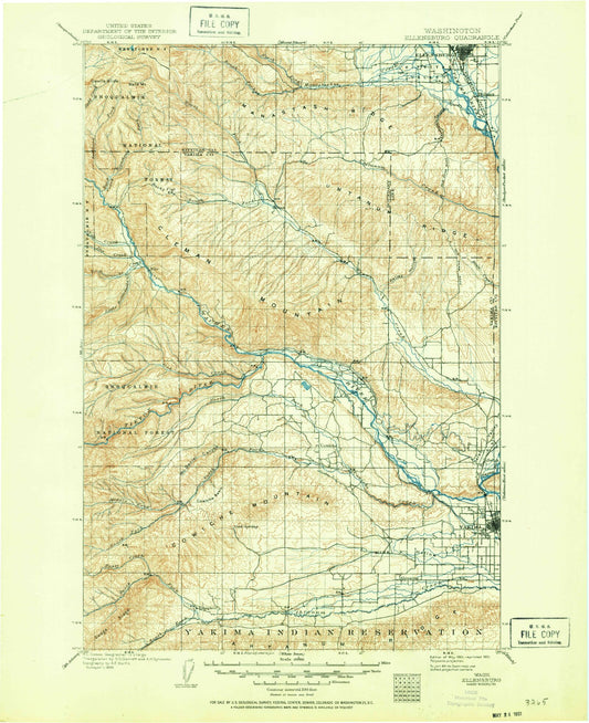 Historic 1901 Ellensburg Washington 30'x30' Topo Map Image