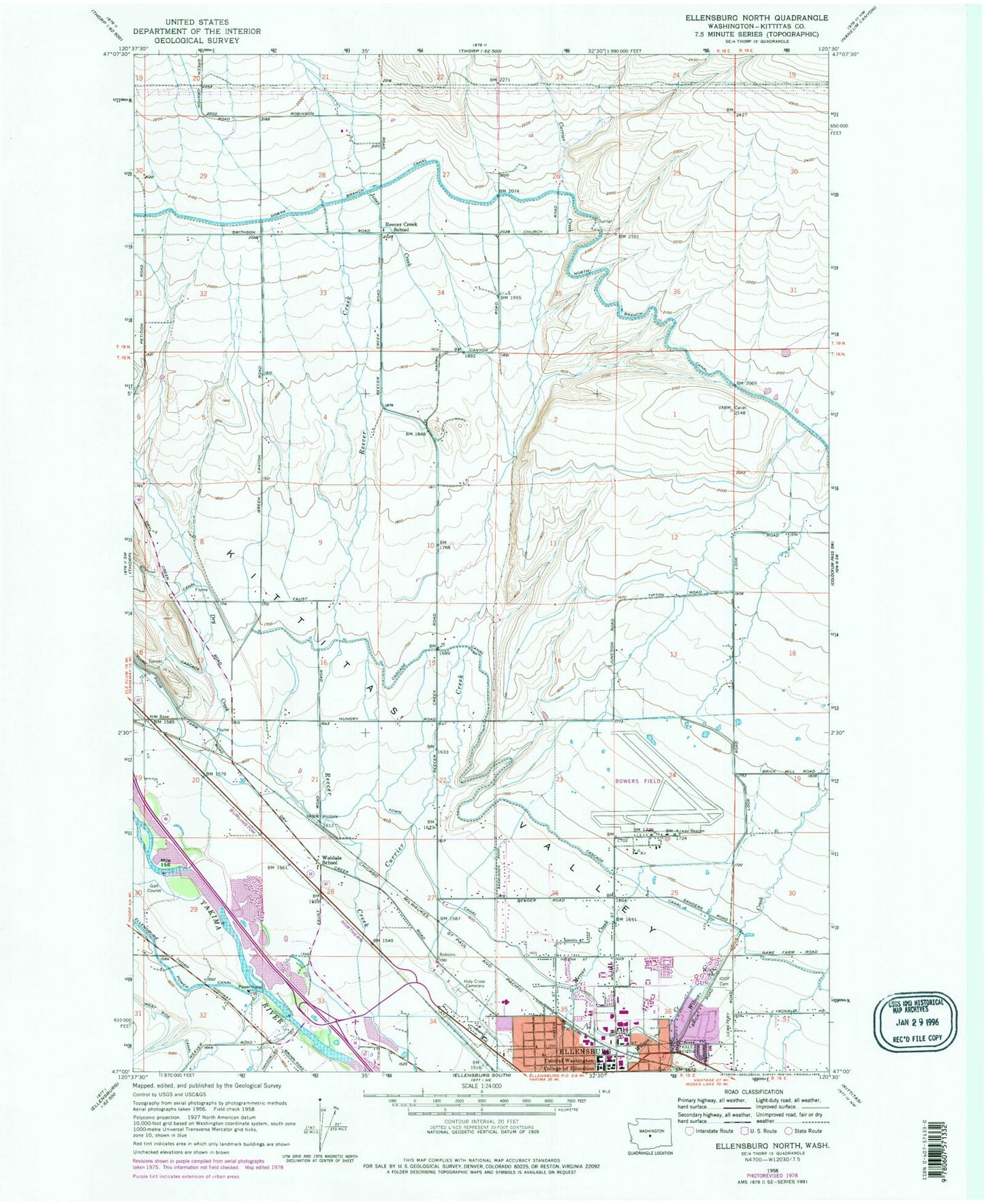 Classic USGS Ellensburg North Washington 7.5'x7.5' Topo Map Image