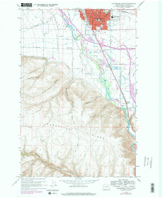 Classic USGS Ellensburg South Washington 7.5'x7.5' Topo Map Image