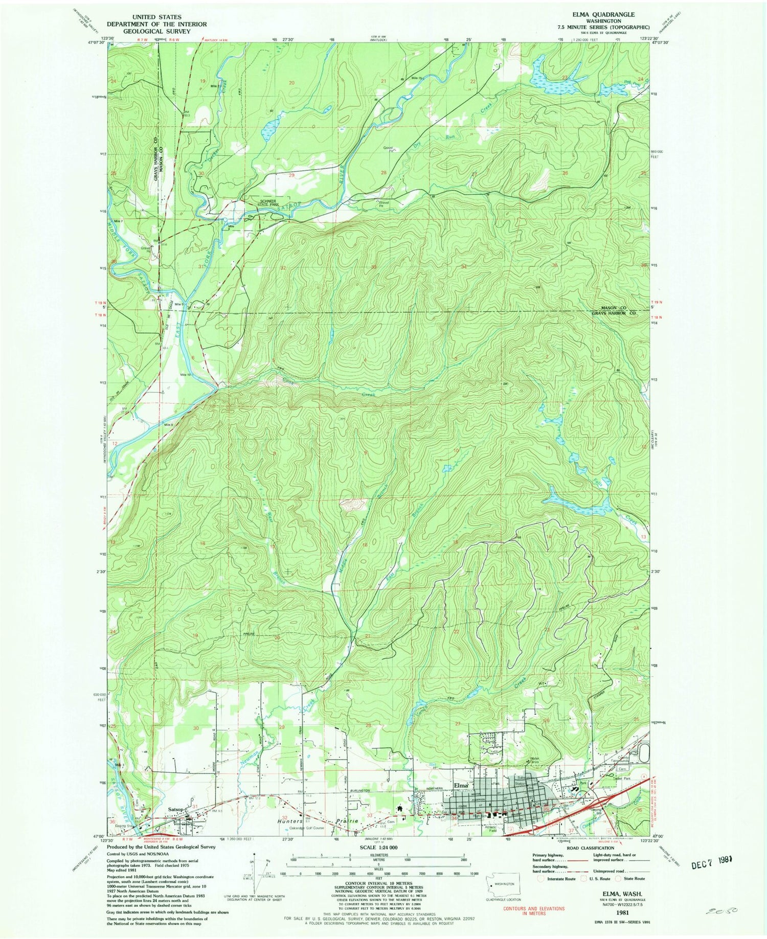 Classic USGS Elma Washington 7.5'x7.5' Topo Map Image