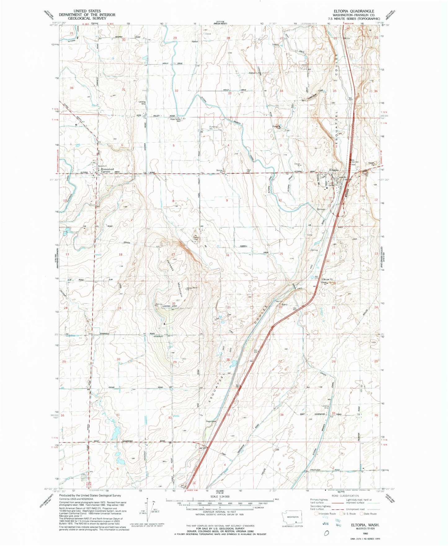Classic USGS Eltopia Washington 7.5'x7.5' Topo Map Image