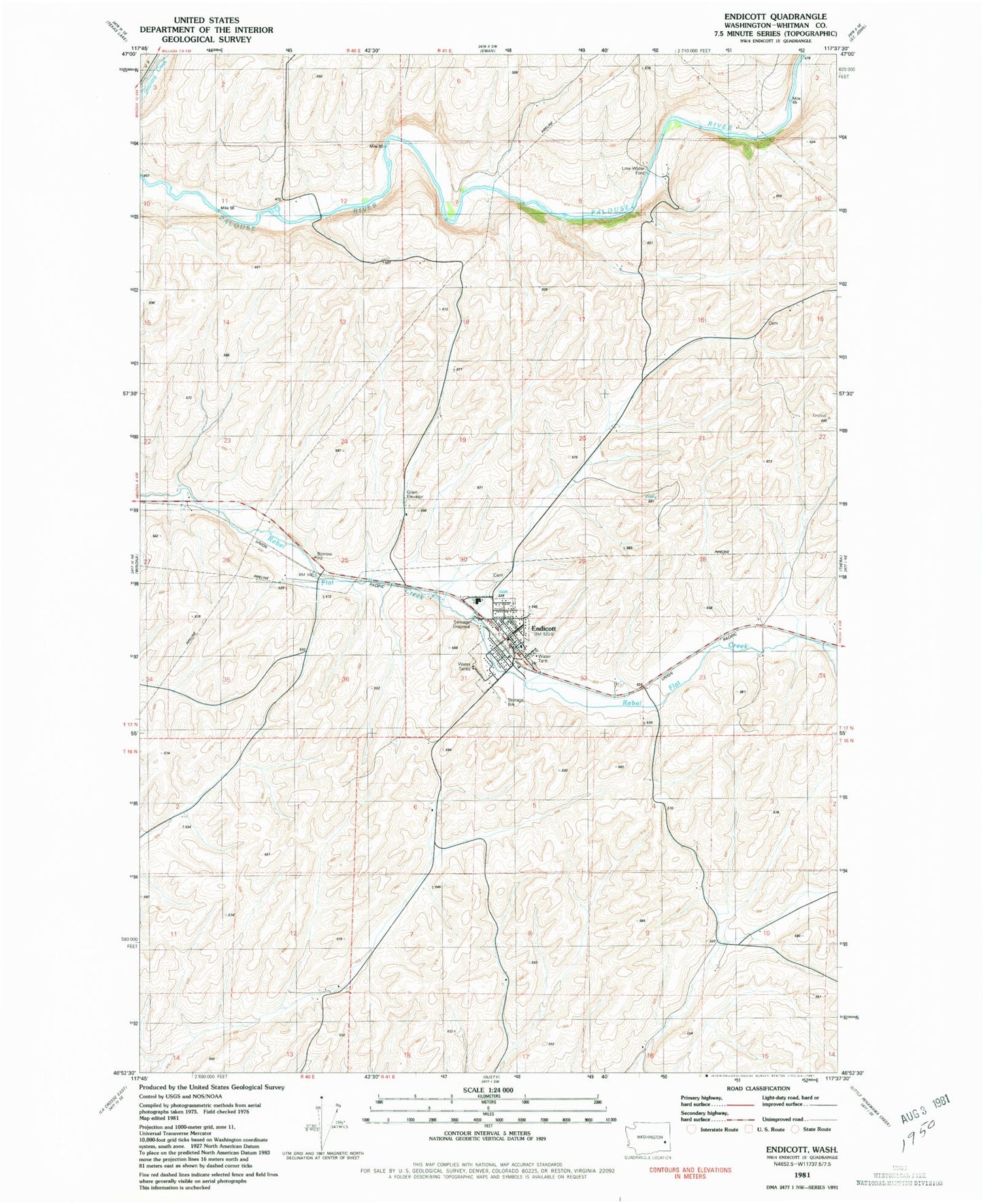 Classic USGS Endicott Washington 7.5'x7.5' Topo Map Image
