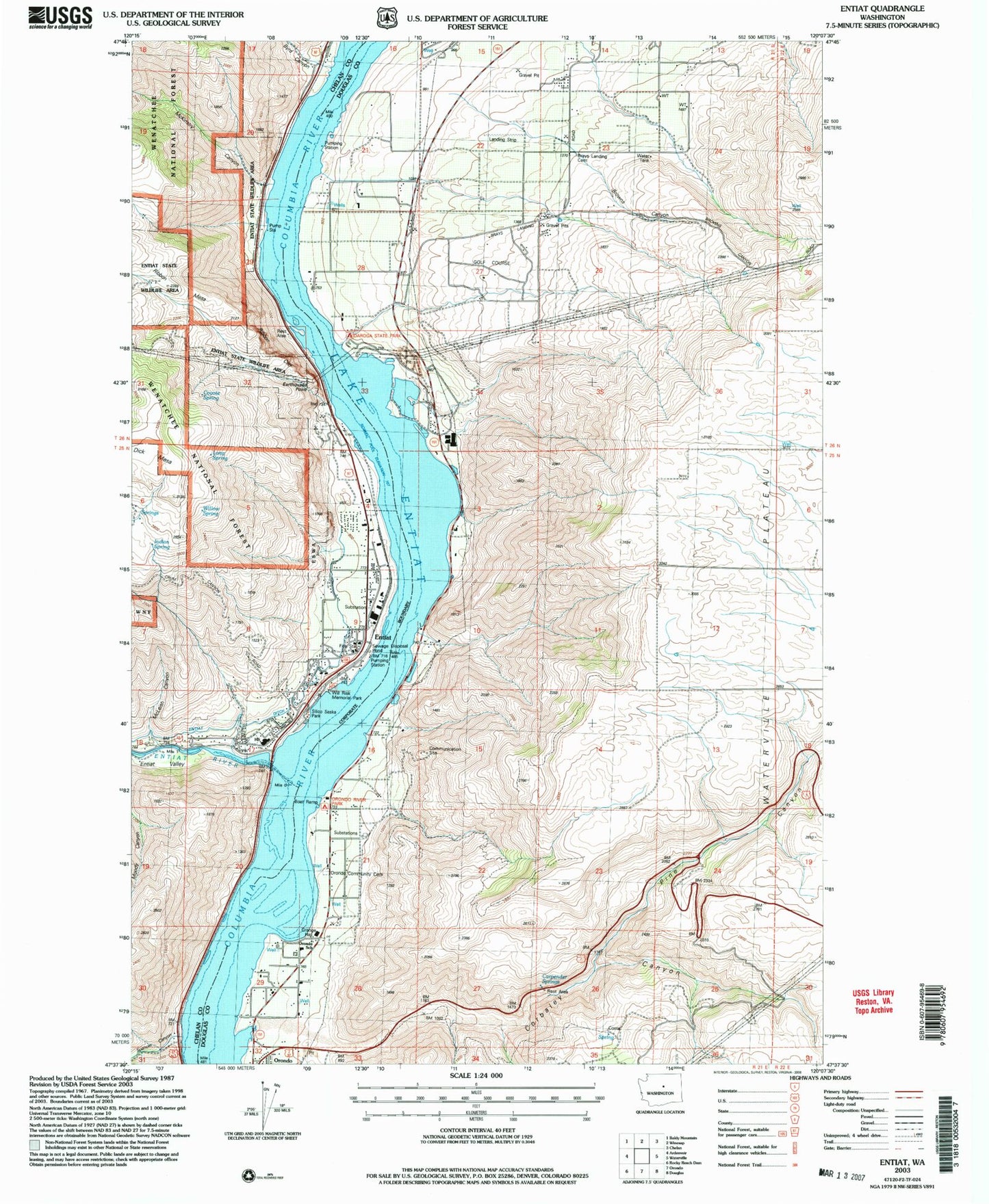 Classic USGS Entiat Washington 7.5'x7.5' Topo Map Image