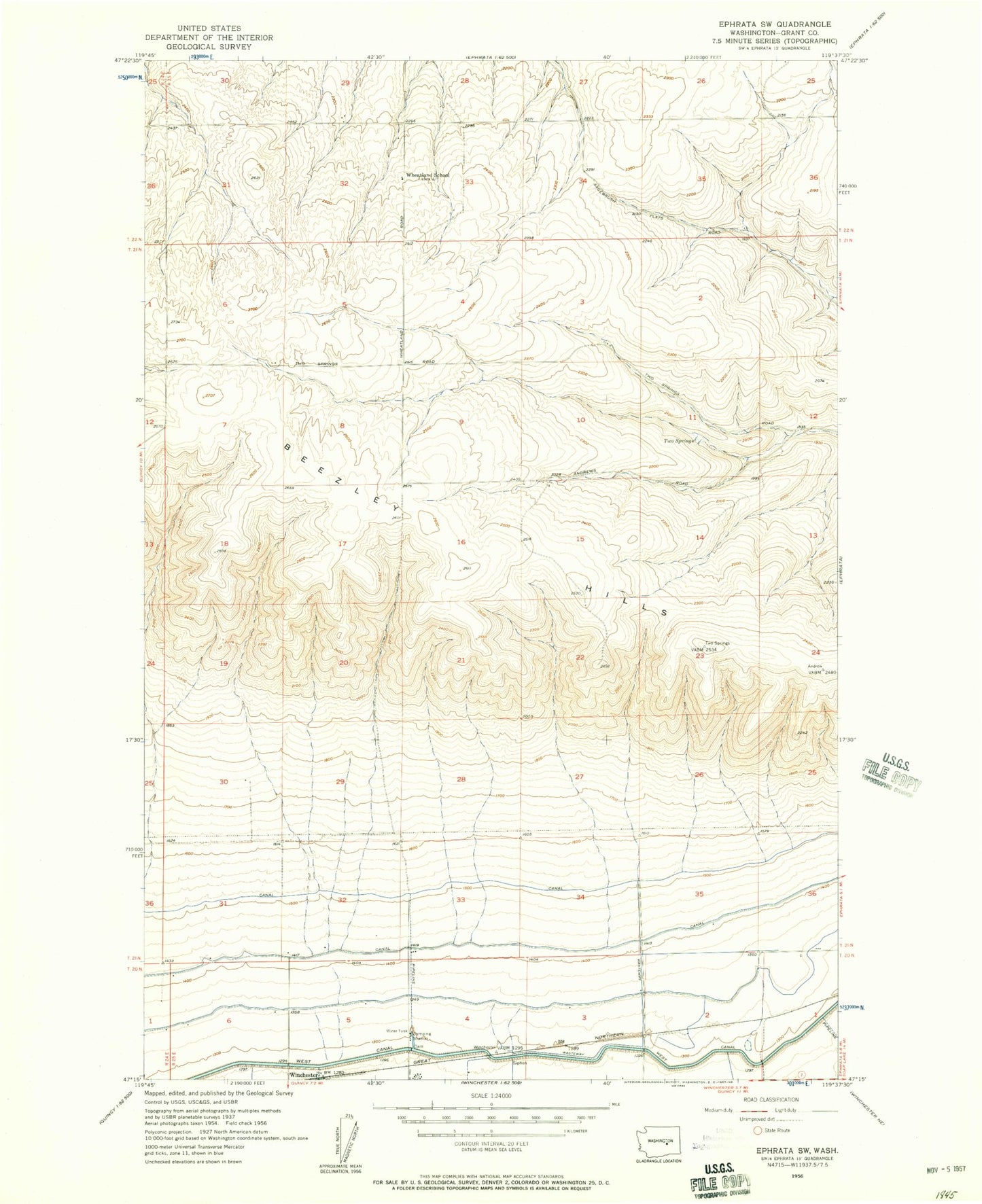 Classic USGS Ephrata SW Washington 7.5'x7.5' Topo Map Image