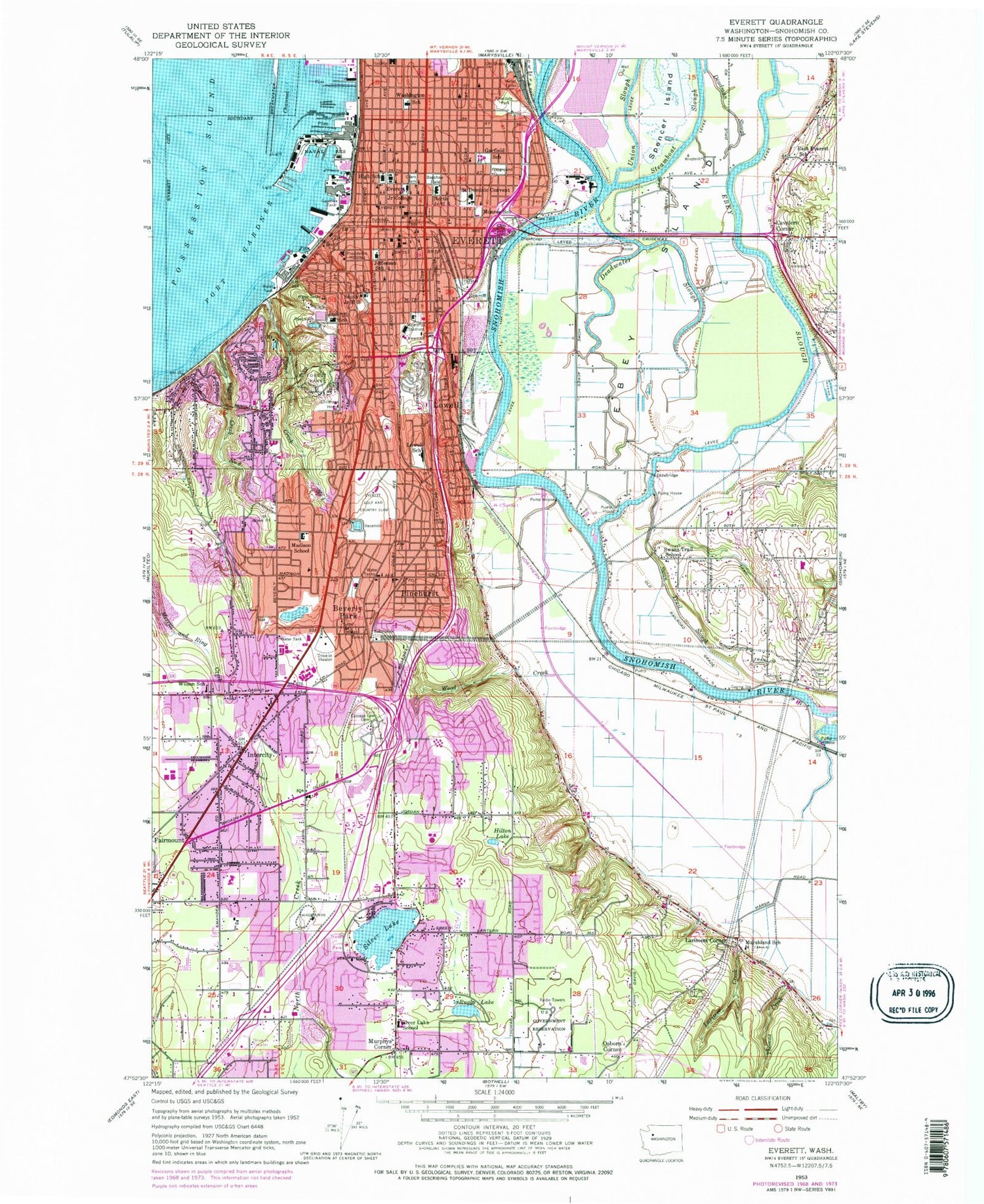 Classic USGS Everett Washington 7.5'x7.5' Topo Map Image