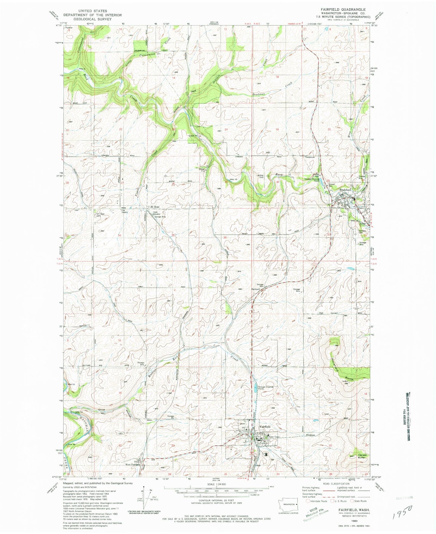 Classic USGS Fairfield Washington 7.5'x7.5' Topo Map Image