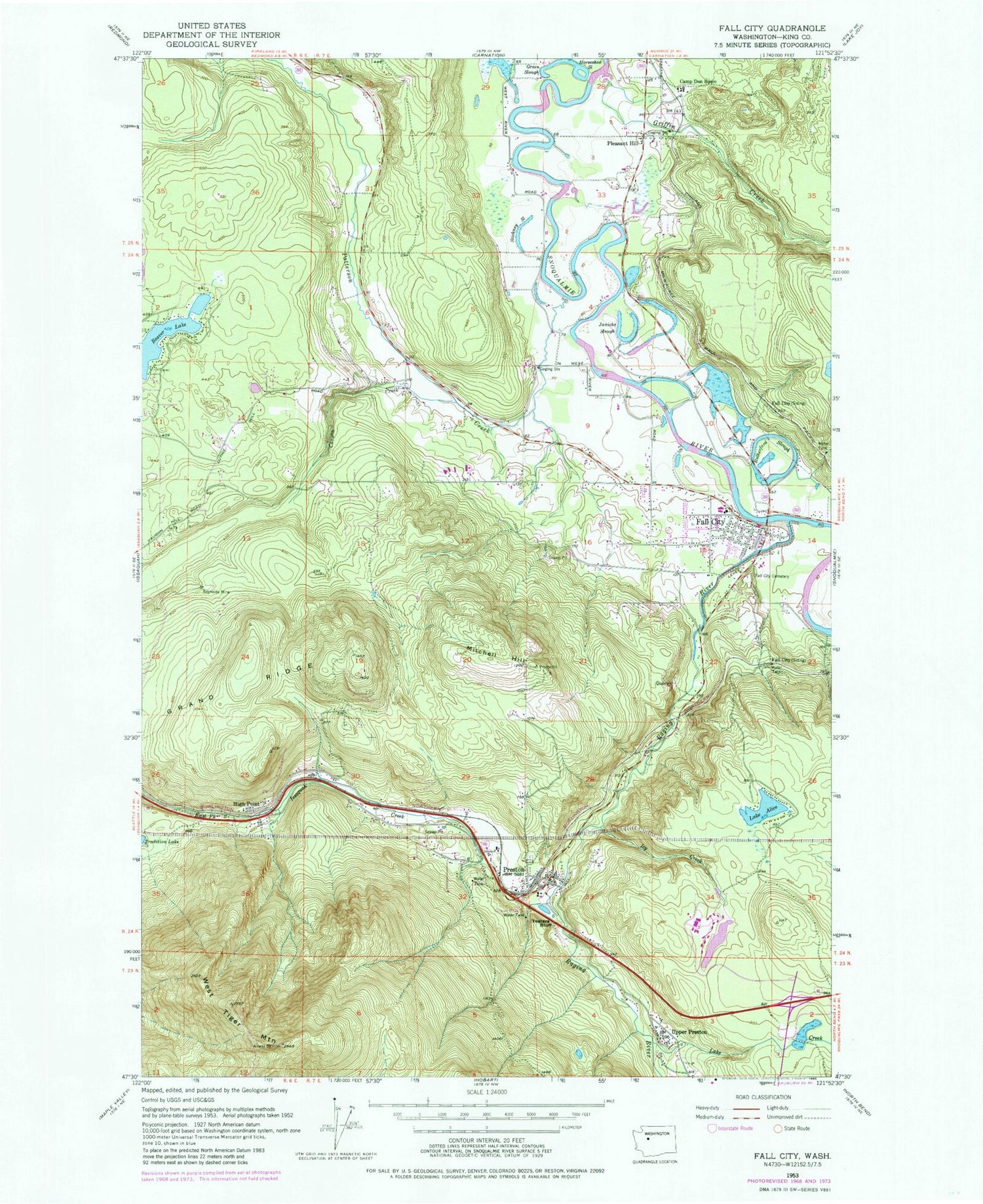Classic USGS Fall City Washington 7.5'x7.5' Topo Map Image