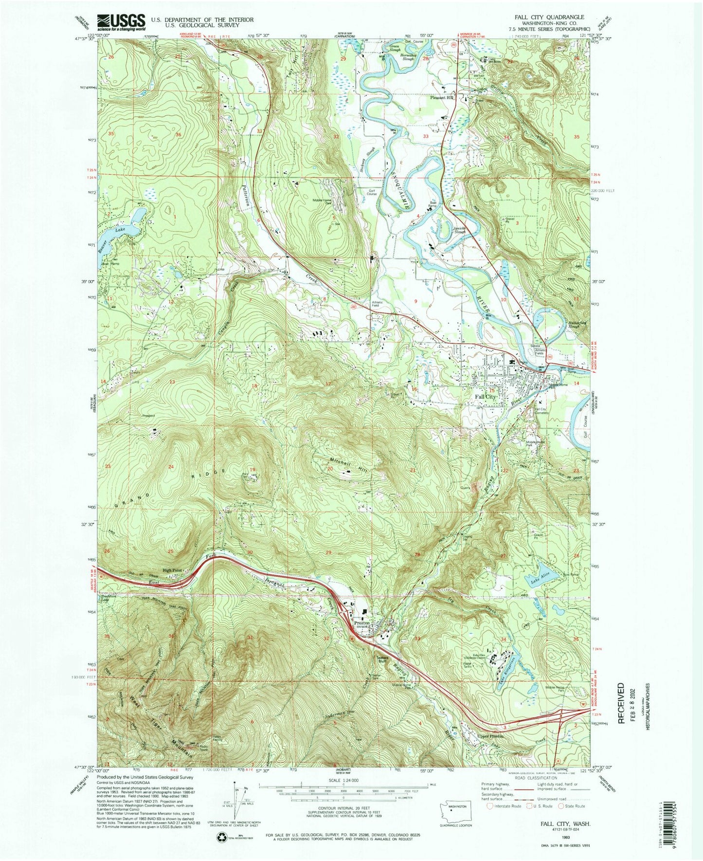 Classic USGS Fall City Washington 7.5'x7.5' Topo Map Image