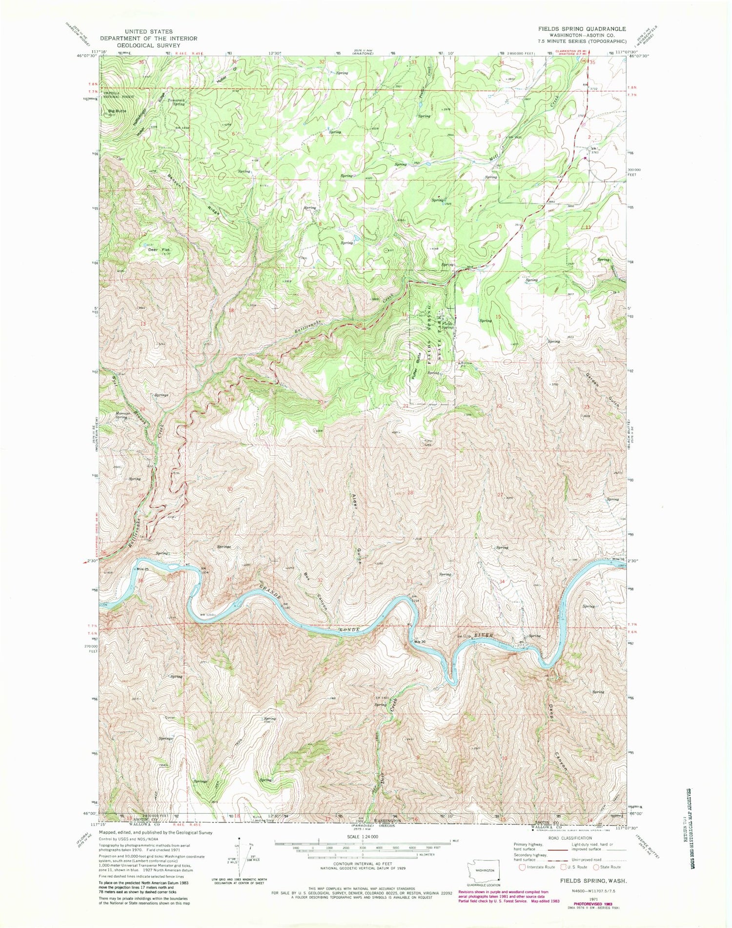 Classic USGS Fields Spring Washington 7.5'x7.5' Topo Map Image