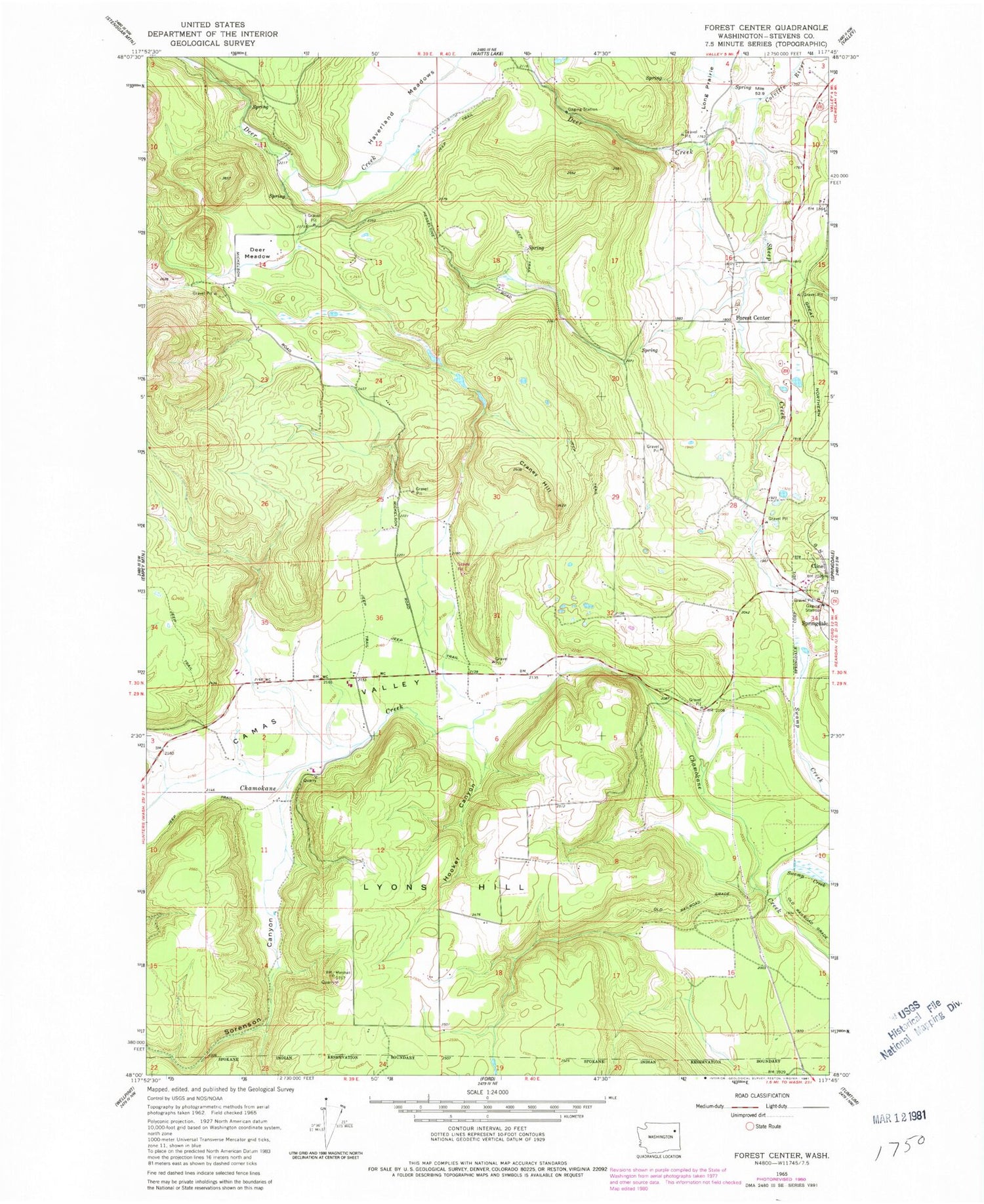Classic USGS Forest Center Washington 7.5'x7.5' Topo Map Image