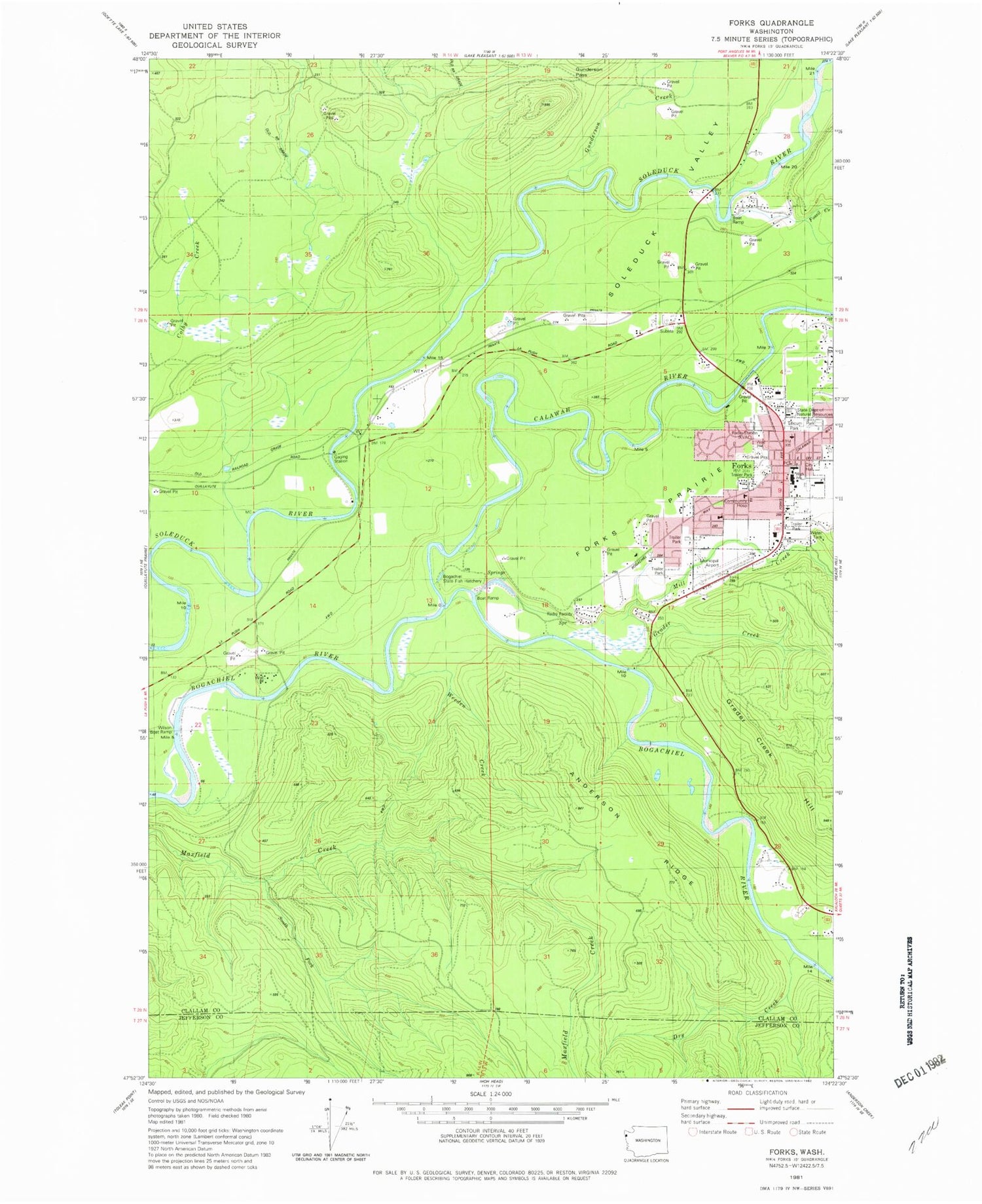 Classic USGS Forks Washington 7.5'x7.5' Topo Map Image