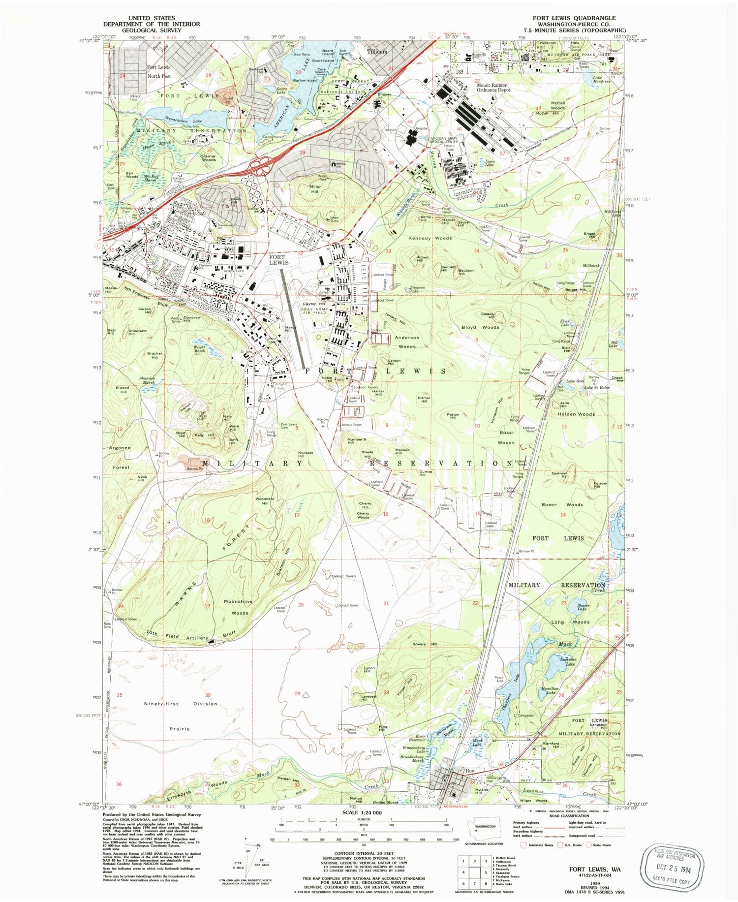 Classic USGS Fort Lewis Washington 7.5'x7.5' Topo Map Image