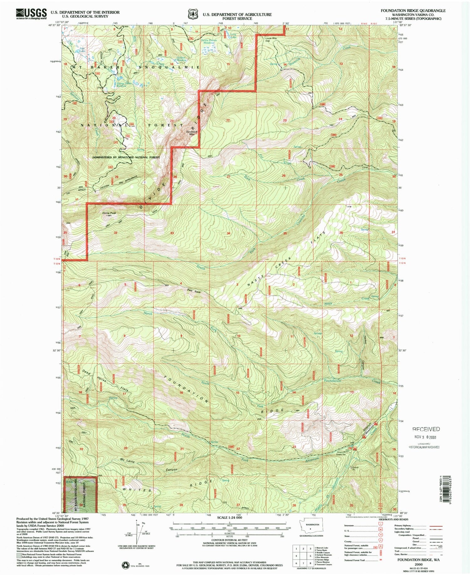 Classic USGS Foundation Ridge Washington 7.5'x7.5' Topo Map Image
