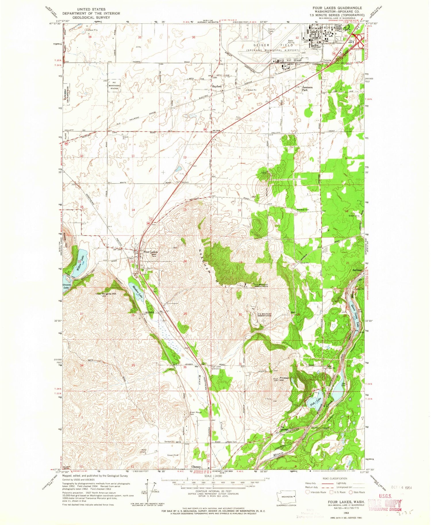 Classic USGS Four Lakes Washington 7.5'x7.5' Topo Map Image