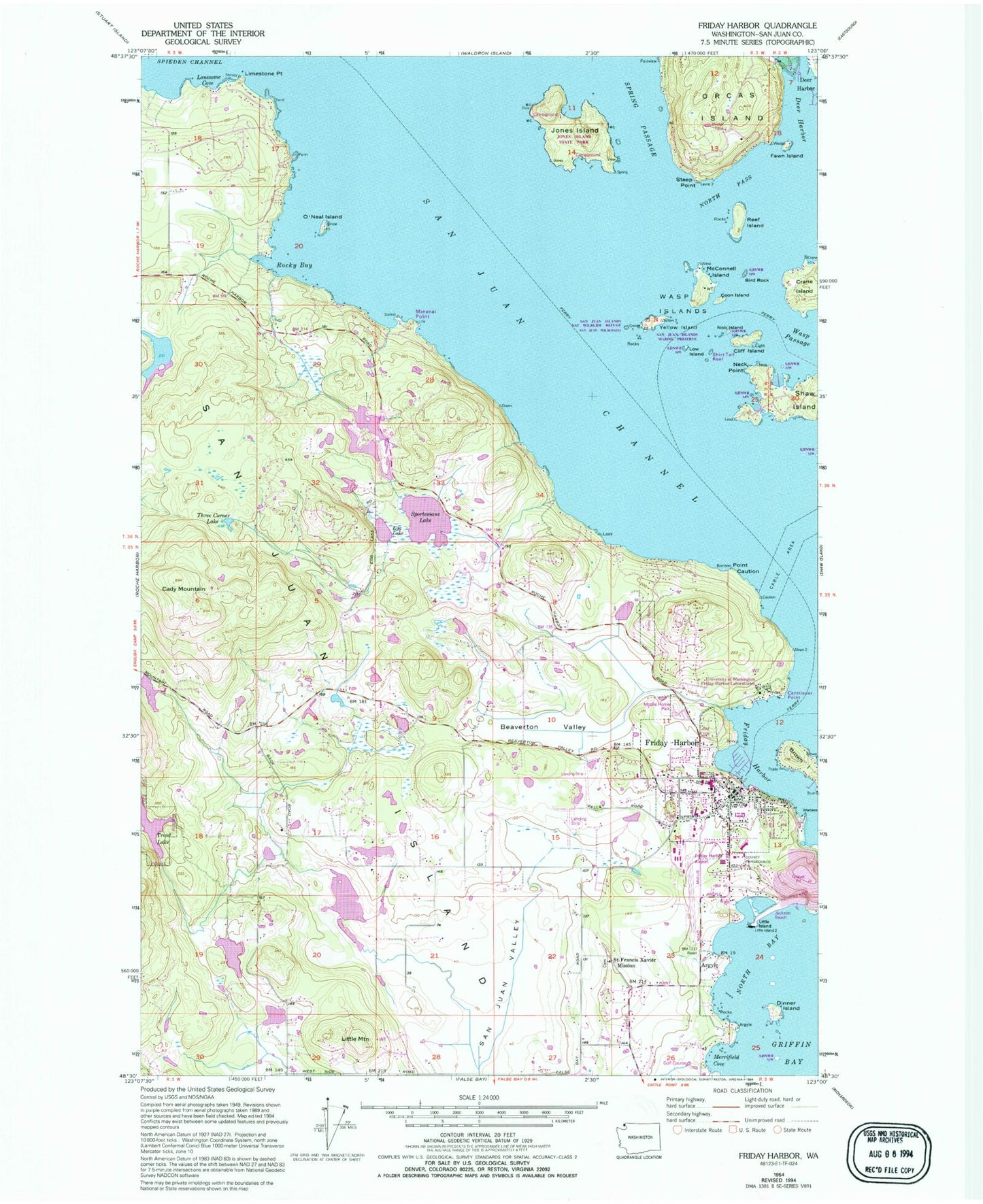 Classic USGS Friday Harbor Washington 7.5'x7.5' Topo Map Image