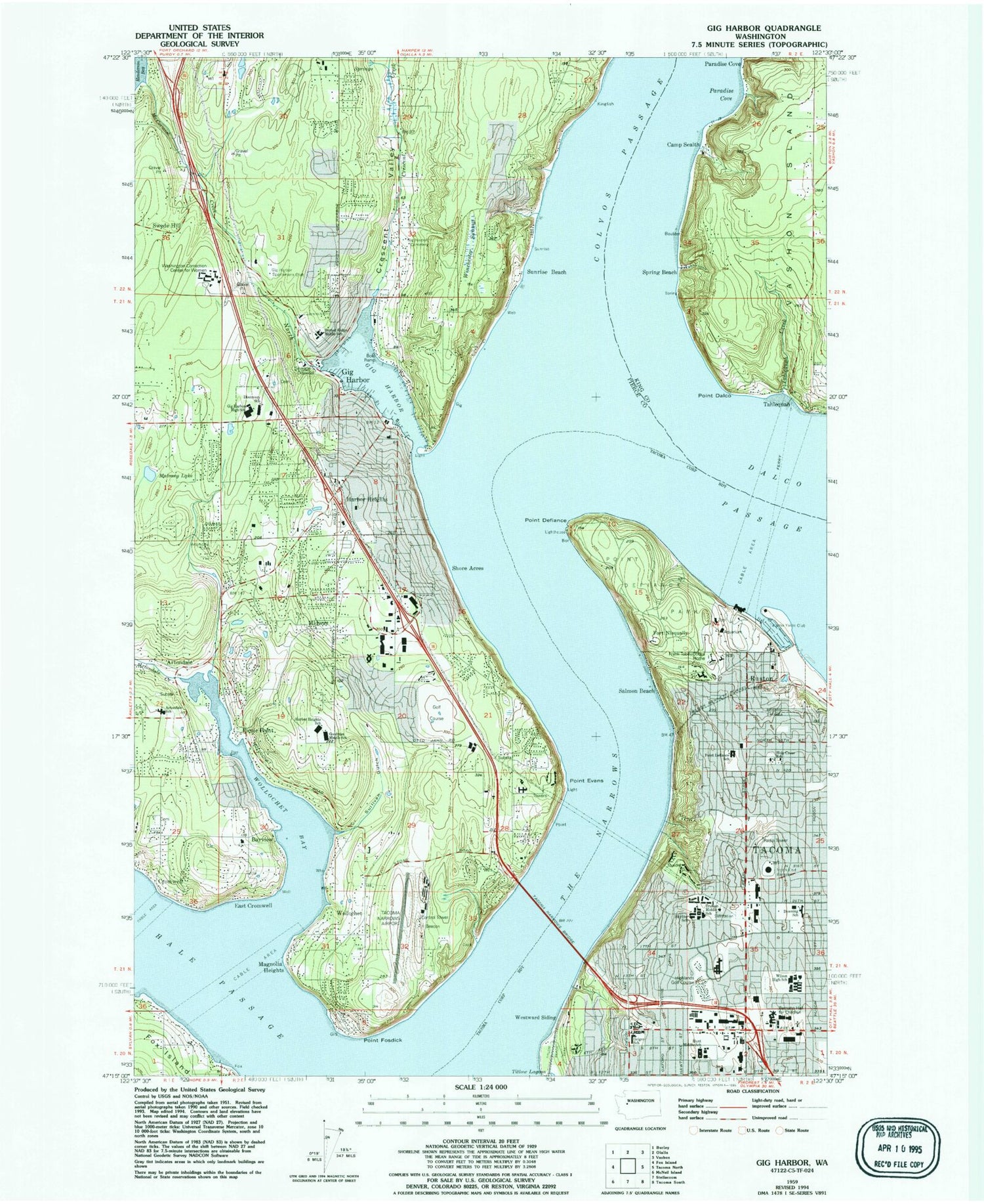Classic USGS Gig Harbor Washington 7.5'x7.5' Topo Map Image