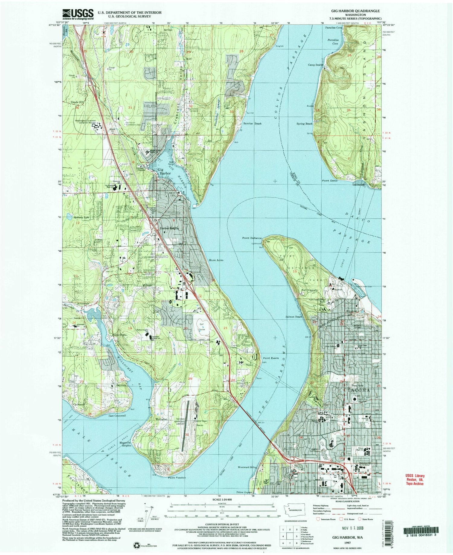 Classic USGS Gig Harbor Washington 7.5'x7.5' Topo Map Image