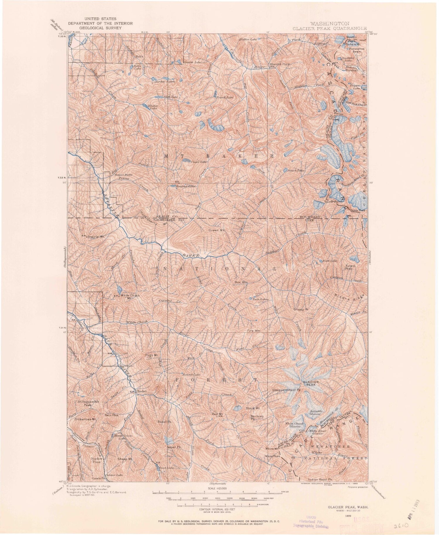 Historic 1899 Glacier Peak Washington 30'x30' Topo Map Image