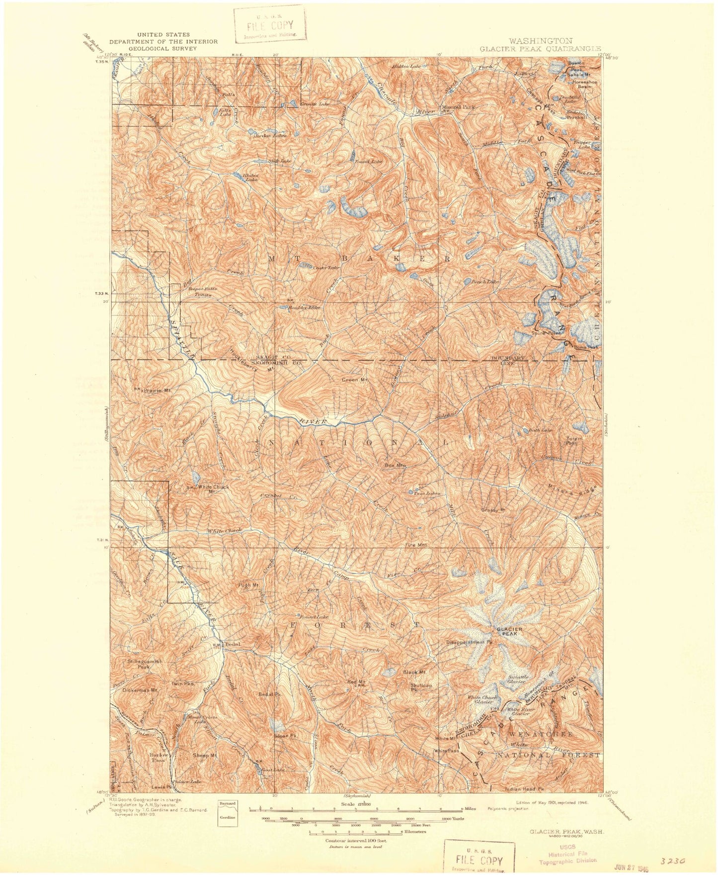 Historic 1901 Glacier Peak Washington 30'x30' Topo Map Image