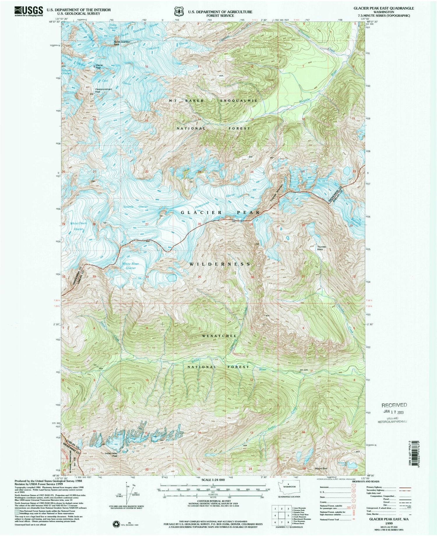 Classic USGS Glacier Peak East Washington 7.5'x7.5' Topo Map Image