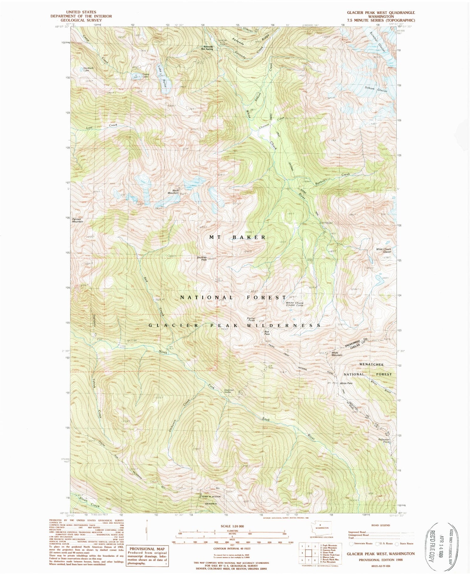 Classic USGS Glacier Peak West Washington 7.5'x7.5' Topo Map Image